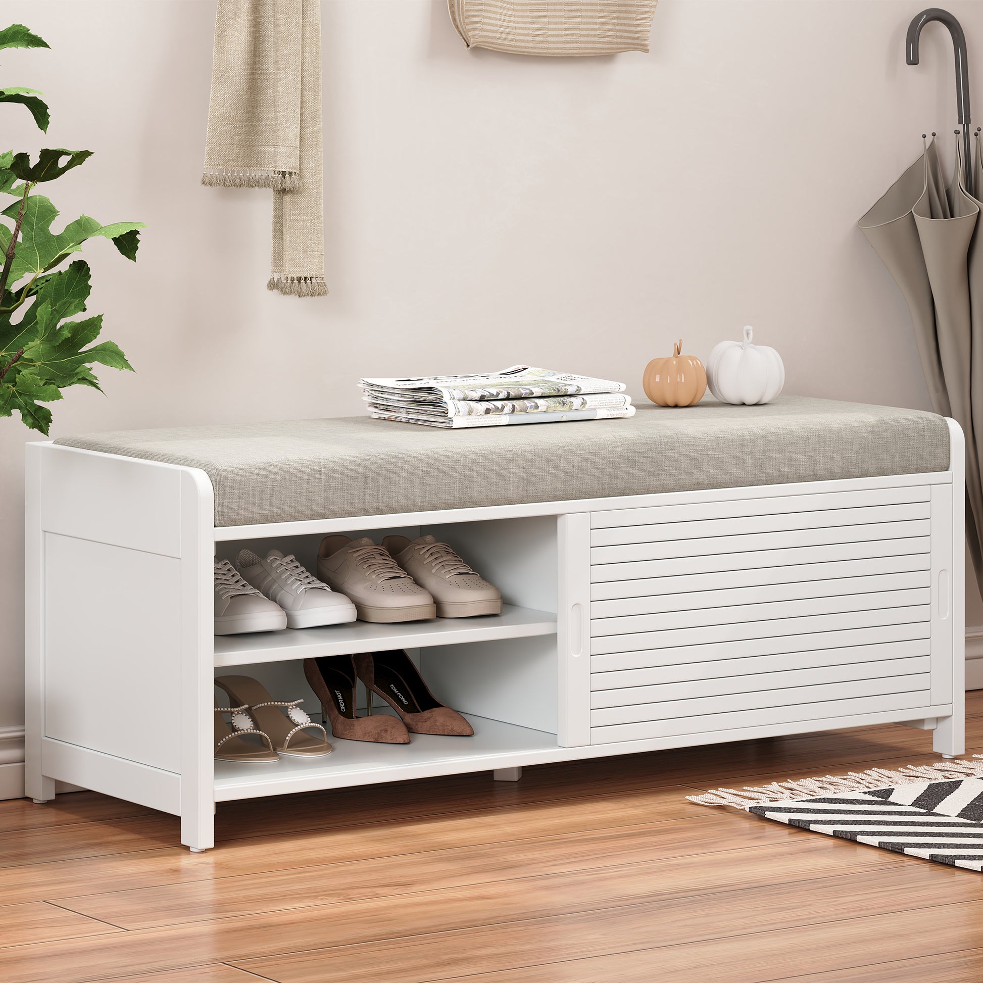 Distressed Shutter Storage Bench With Acacia Veneer For Retro Charm For Living Room, Entryway White White Mdf