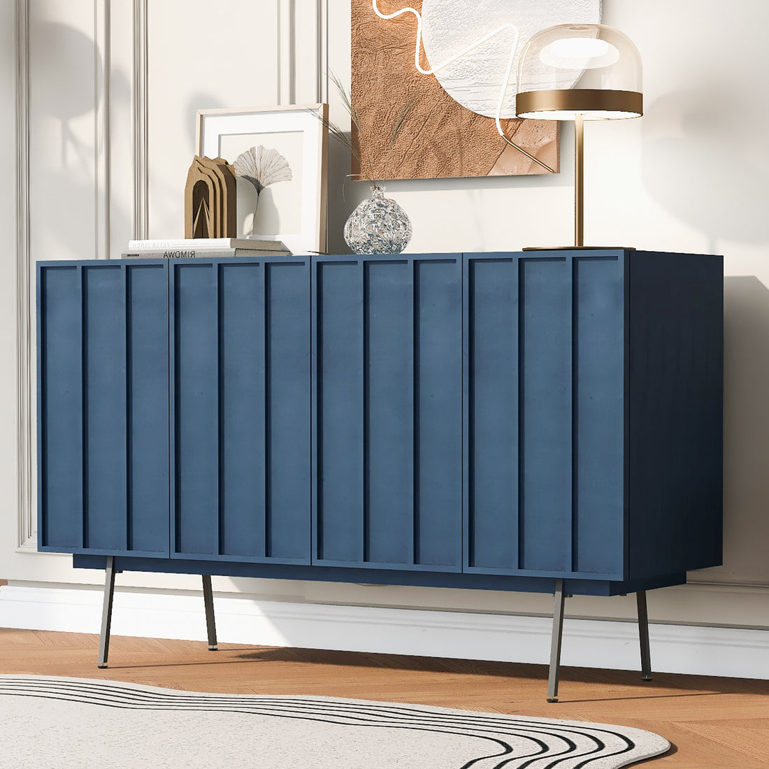 Modern Cabinet With 4 Doors, Suitable For Living Rooms, Entrance And Study Rooms. Navy Blue Mdf