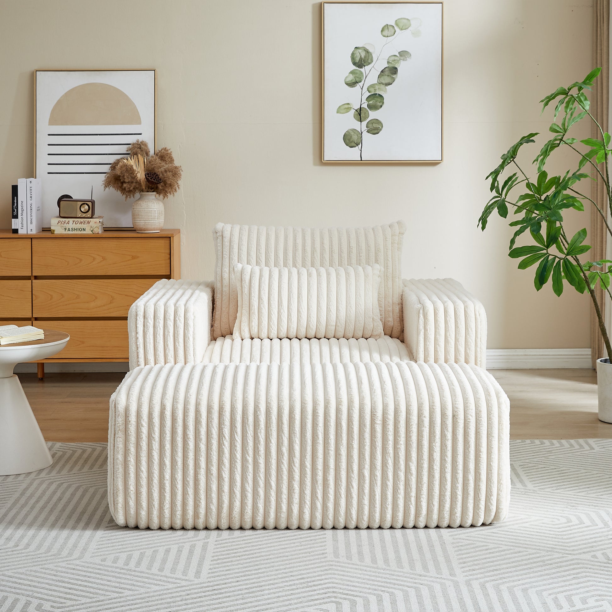 62.5 Inch Corduroy Sponge Sofa Lounge Chair With Removable Footrest,No Assembly Required,Fluffy Modern Sleeper Chair For Indoor Living Room Bedroom Beige Foam Corduroy 1 Seat