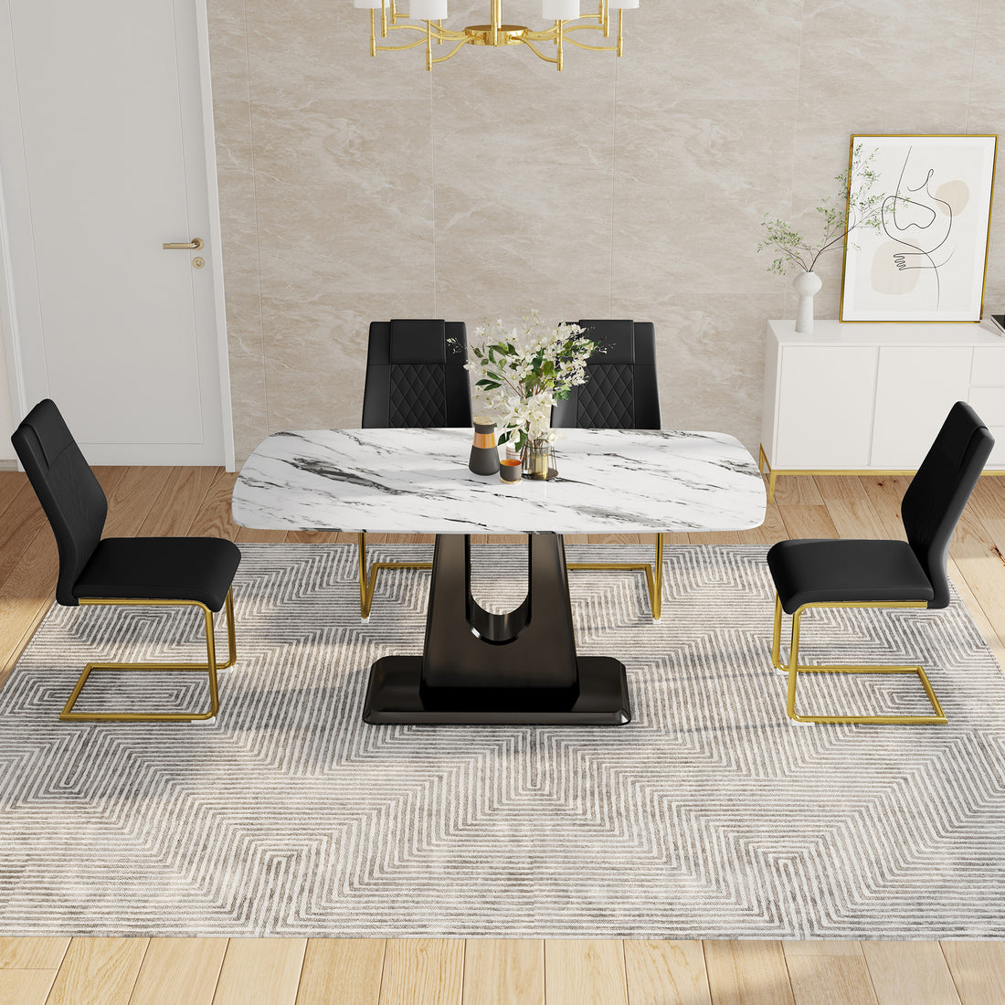 Table And Chair Set, Modern And Minimalist Dining Table, Imitation Marble Patterned Tabletop, Mdf Legs With U Shaped Brackets. Paired With Comfortable Chairs, Suitable For Dining And Living Rooms. Black Gold Mdf Glass