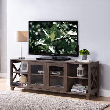 Craftsman Style Walnut Oak Tv Stand With Crosshatch Carvings Innovative Storage With Four Side Shelves & Glass Door Cabinet Walnut Brown 60 69 Inches Mdf