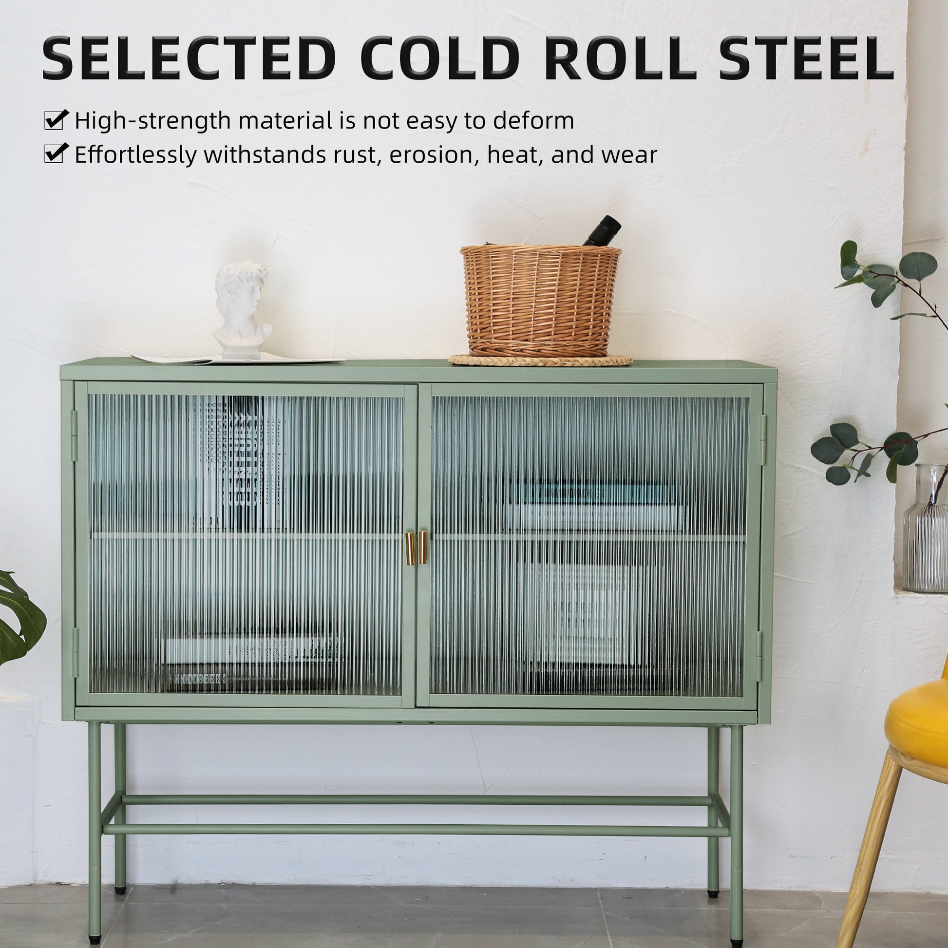 Mint Green Sideboard Storage Cabinet With Two Fluted Glass Doors Detachable Shelves Bottom Space For Living Room, Office, Dinging Room And Entryway Old Sku:W68743733 Green Steel