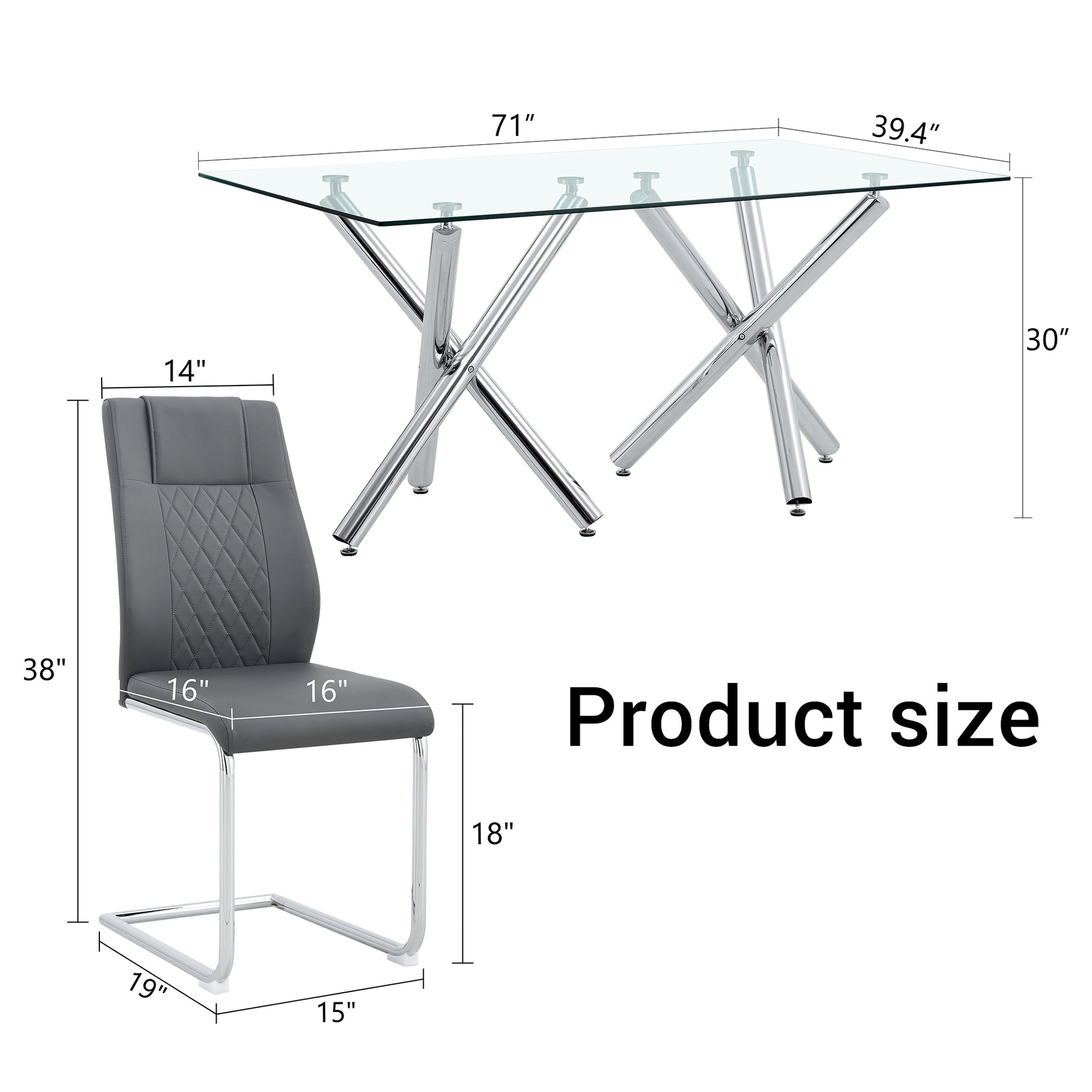 Table And Chair Set.Large Minimalist Rectangular Glass Dining Table For 6 8 With 0.39" Tempered Glass Tabletop And Silver Chrome Metal Legs.Paried With Comfortable Chairs With Pu Seats And Metal Legs. Silver Seats 8 Glass Metal