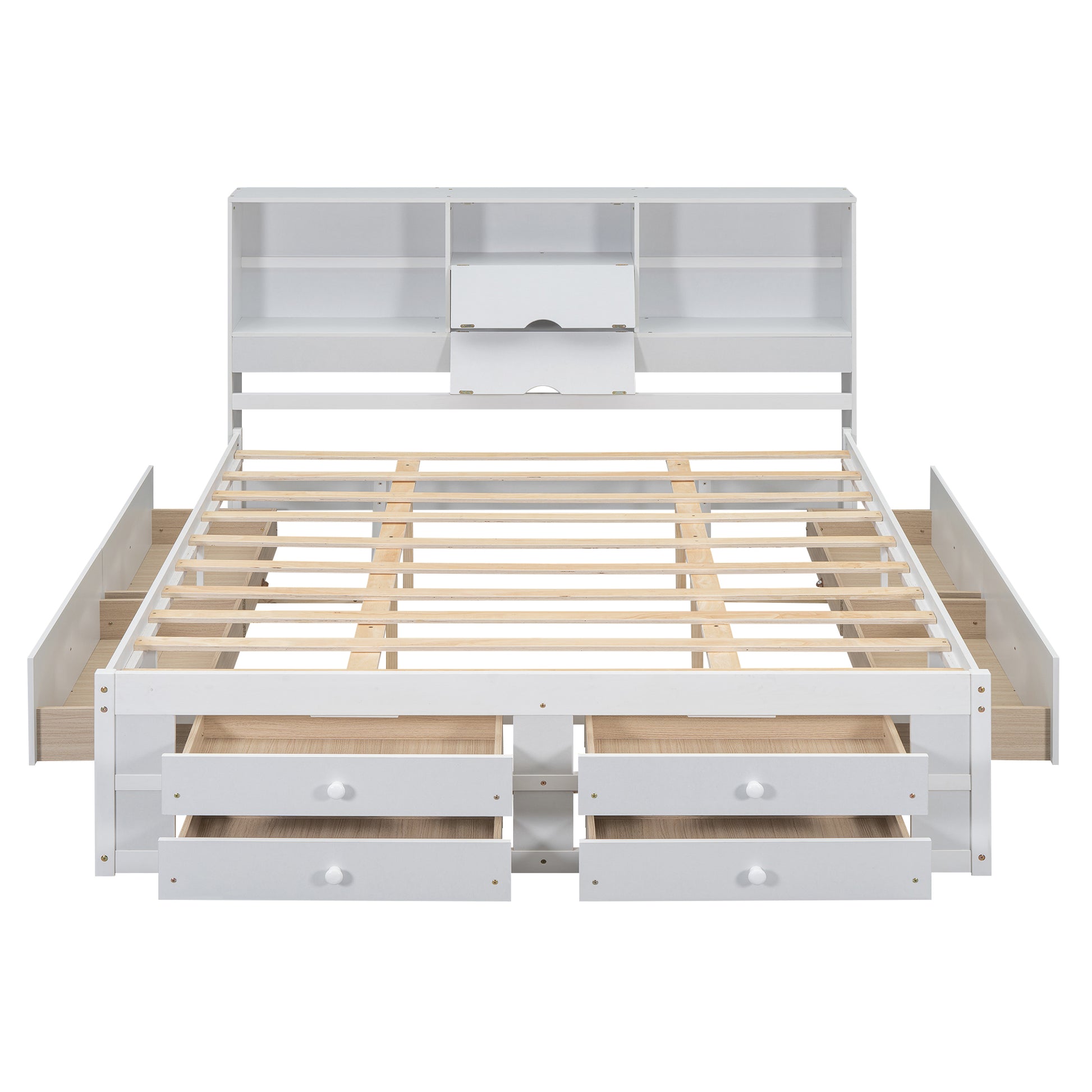 King Size Platform Bed With Storage Headboard And 8 Drawers, White Box Spring Not Required King White Wood Bedroom Bed Frame Solid Wood Mdf