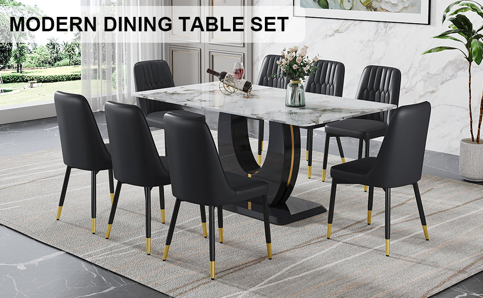 Table And Chair Set, Modern Dining Table, Patterned Table Top And Black Mdf Leg Table, Soft And Comfortable Dining Chair, Perfect For Dinner, Meetings, Home And Office Decor Black Mdf Glass