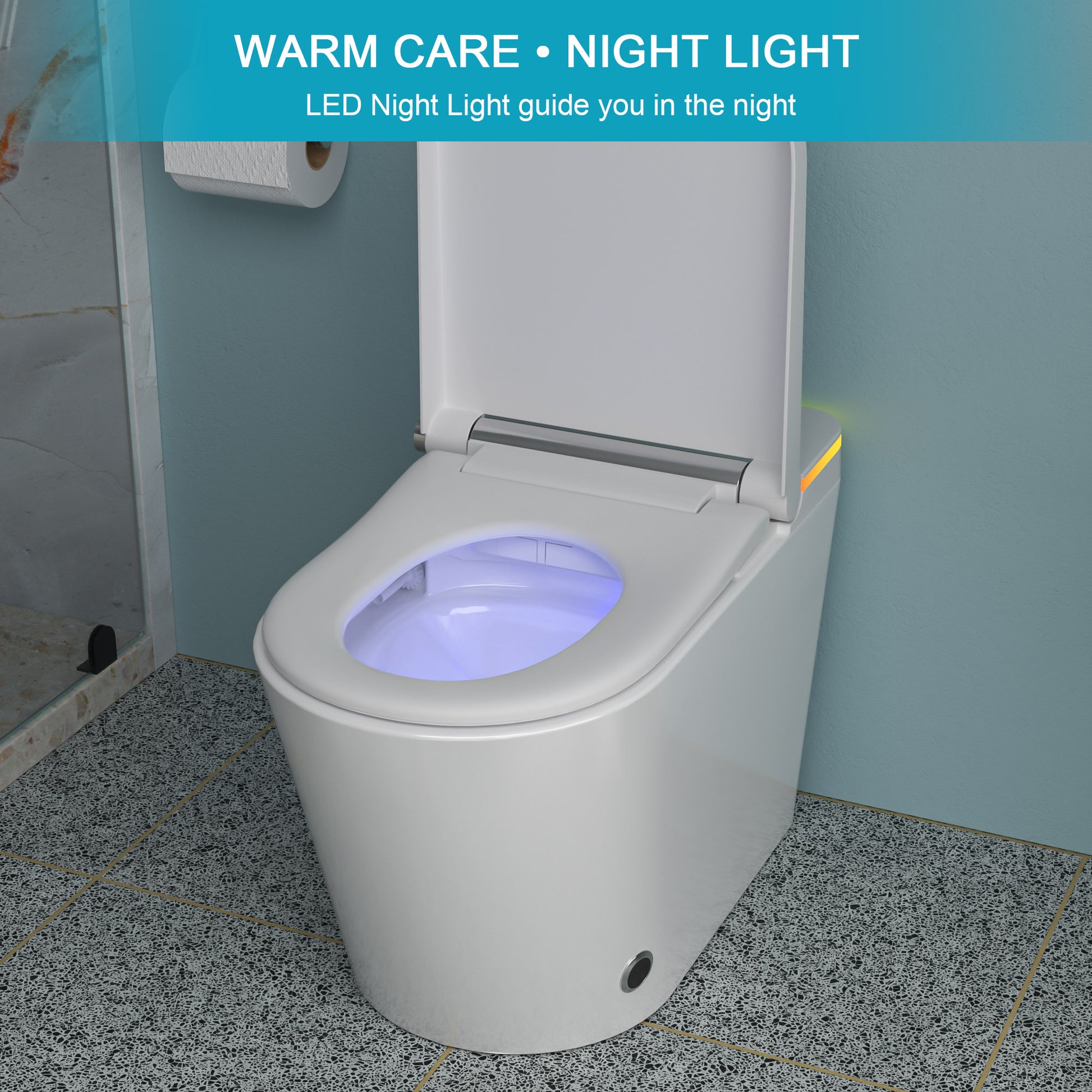 Smart Toilet With Bidet Built In, Auto Open & Close, Elongated Heated Seat, Foot Sensor Flush, Led Display, Warm Water Wash, Dryer, Night Light White Ceramic