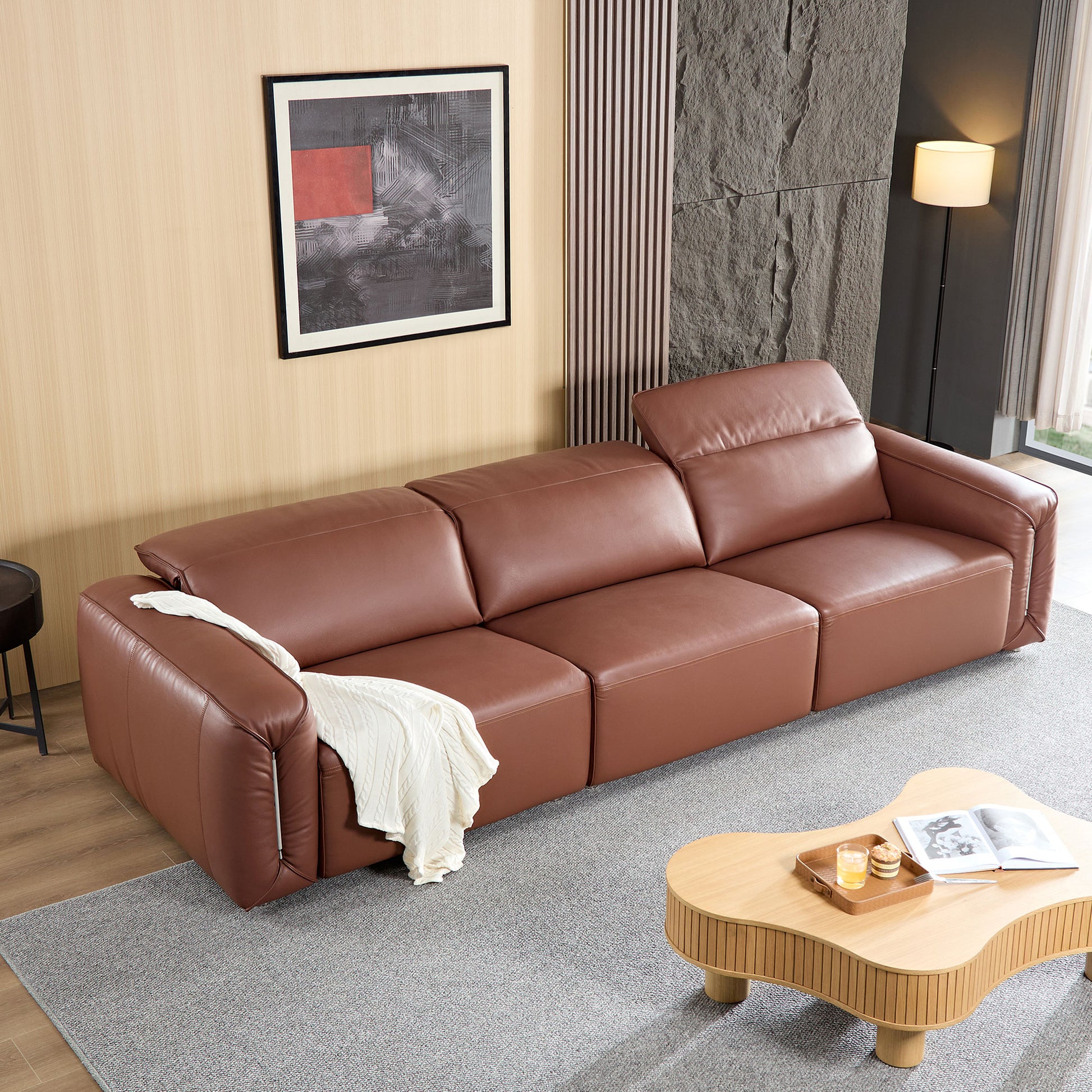 Modern Simple Line Design 3 Seater Leather Sofa For Living Room, Comfy Sofa Couch With Extra Deep Seats,Adjustable Headrests Couch,Brown Brown Leather 3 Seat