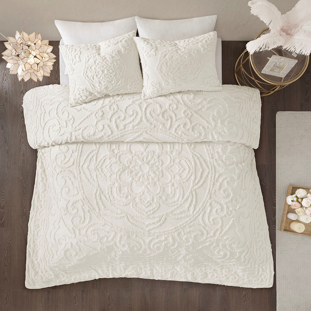3 Piece Tufted Cotton Chenille Medallion Comforter Set Off White Full Queen Full Off White Cotton