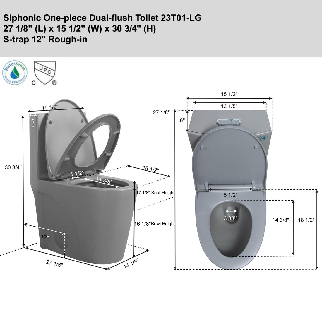 1.1 1.60 Gpf Dual Flush One Piece Toilet, Water Saving Elongated Comfort Height Floor Mounted, Soft Close 1000 Gram Map Flushing Score Toilet, Light Grey 23T01 Lg Light Grey Ceramic