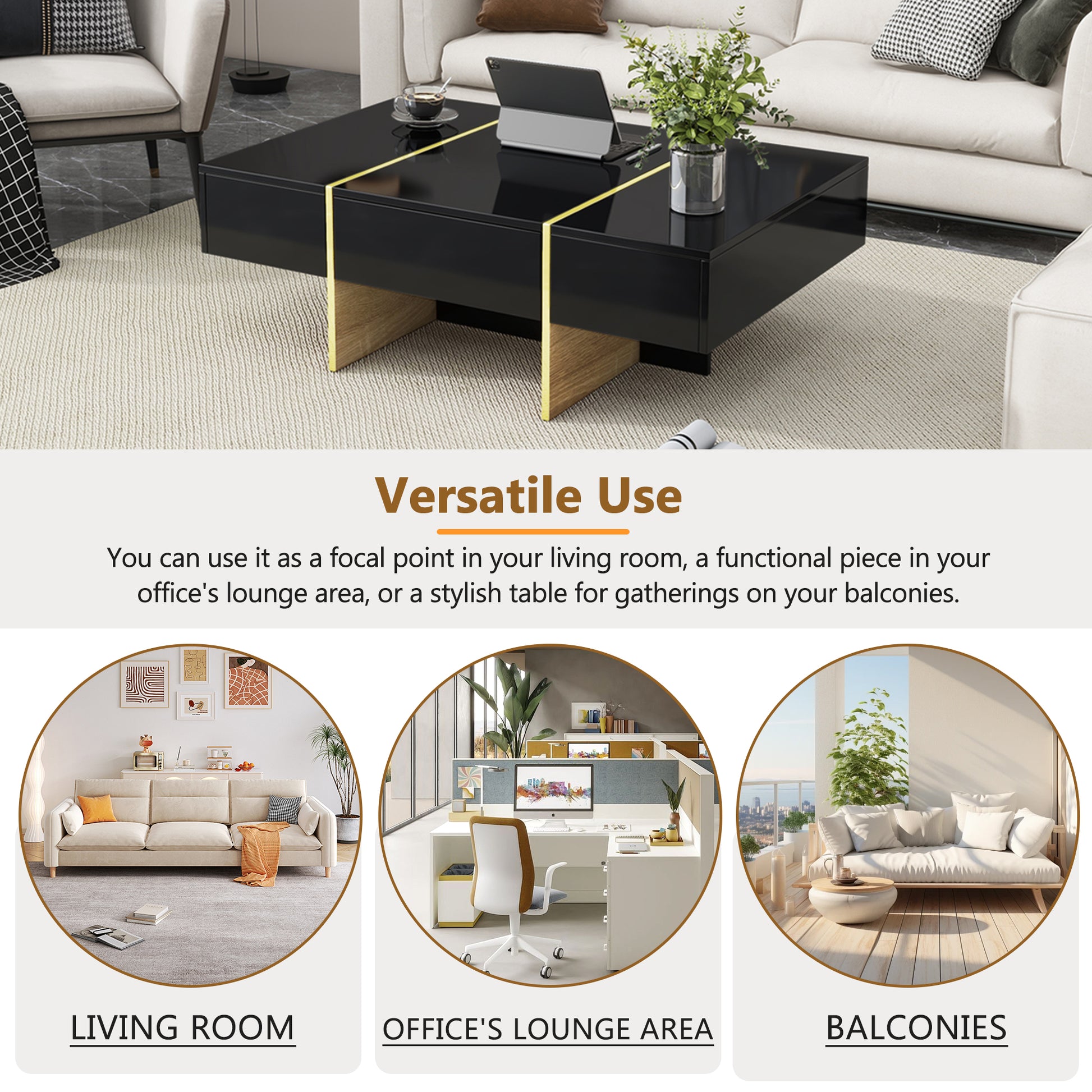 47.2'' X 31.4''Minimalist High Gloss Coffee Table With 2 Drawers, Multi Storage Rectangle Sofa Table With Golden Wood Grain Legs, Modern Center Table For Living Room, Black Black Particle Board Mdf