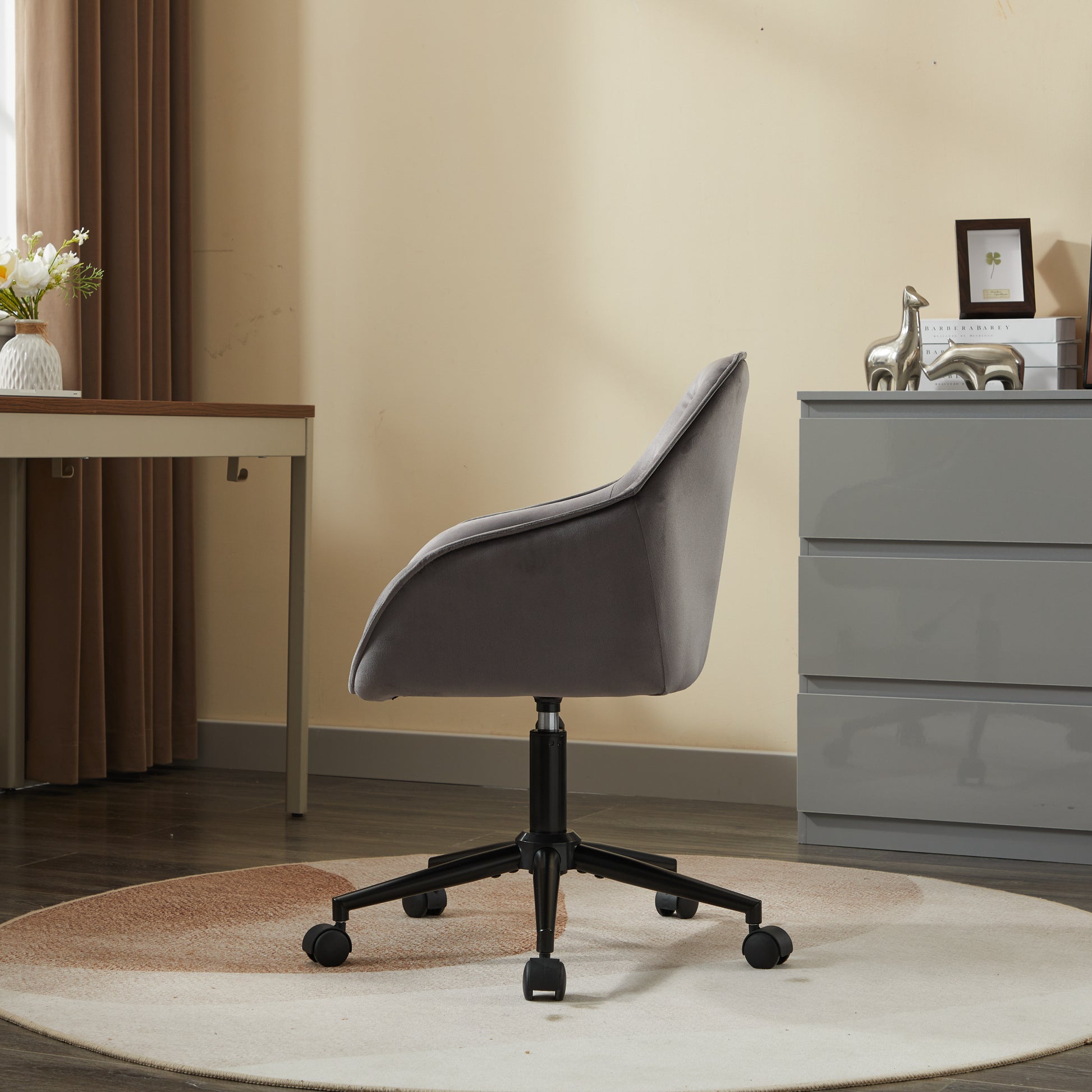 Elegent Velvet Office Chair With Wheels, Makeup Vanity Chair Height Adjustable For Teens Women Girls, Comfy Swivel Modern Leisure Armchair For Home Office, Bedroom, Study And Vanity. Gray Gray Primary Living Space Luxury,Modern Foam Iron