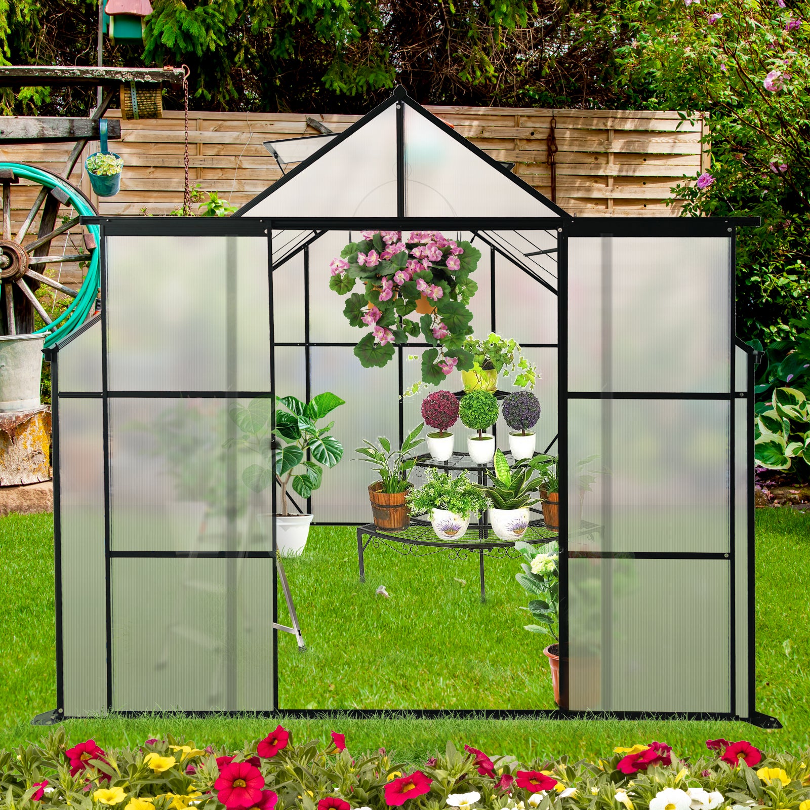 8X8 Ft Double Door Polycarbonate Greenhouse Raised Base And Anchor Alu