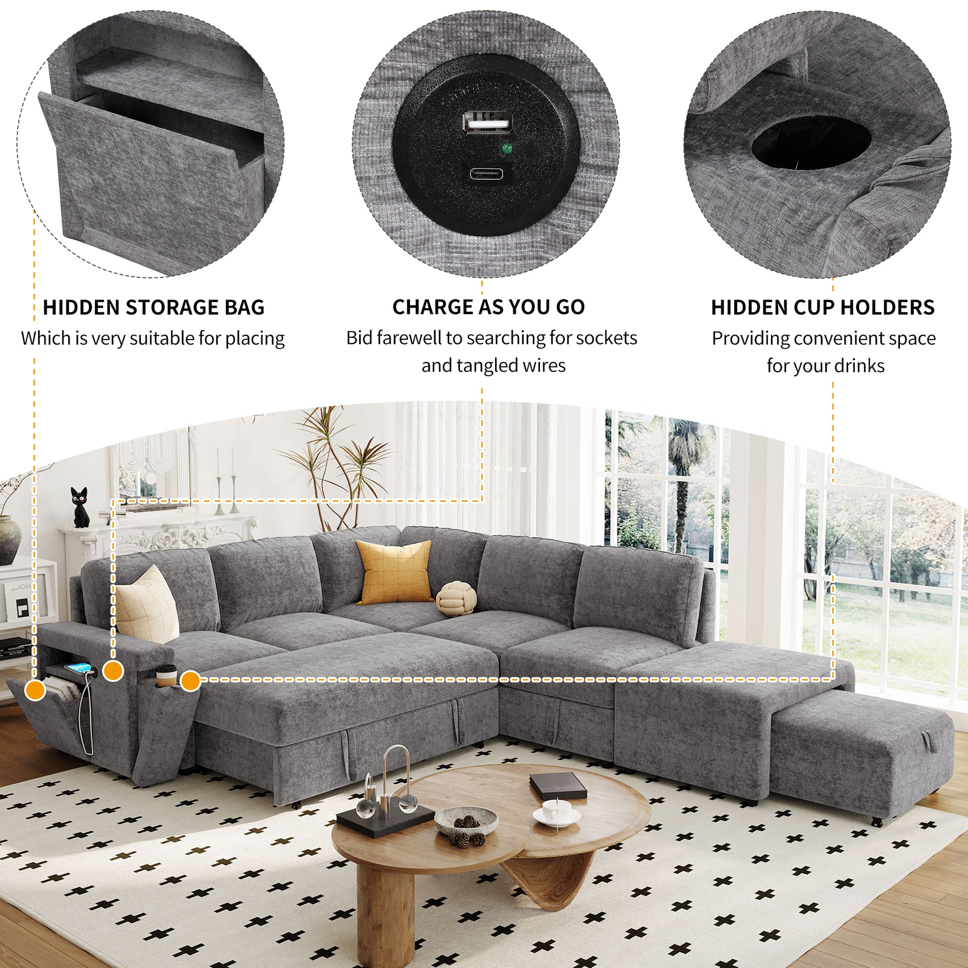 L Shaped Padded Modular Sofa With Storage Space, Usb Ports, And Cup Holders On The Armrests, Suitable For Living Rooms, Offices, And Apartments. Gray Wood Polyester 5 Seat