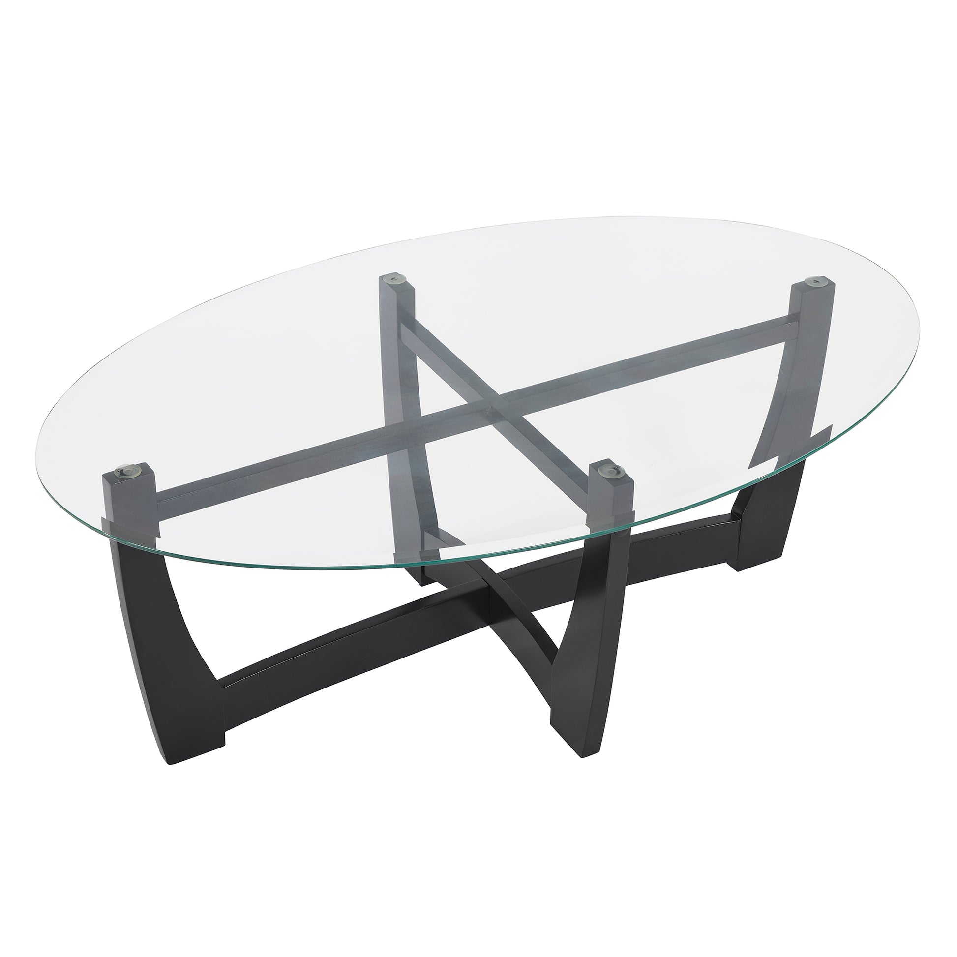 48 Inch Oval Glass Coffee Table, Black Round Coffee Table Center Table With Glass Top, Small Coffee Table For Living Room, Office And Apartment Black Solid Wood Mdf Glass