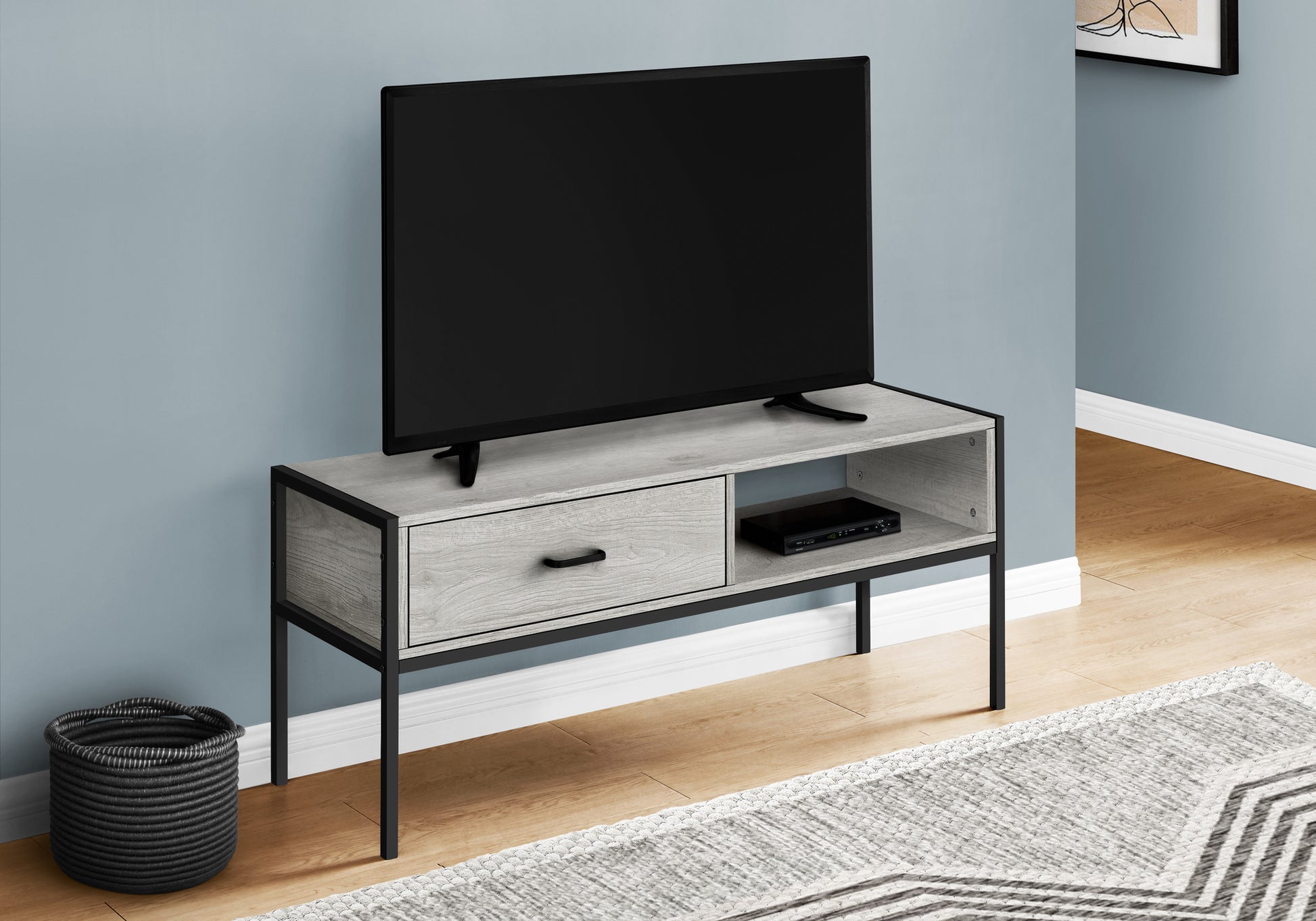 Tv Stand, 48 Inch, Console, Media Entertainment Center, Storage Drawer, Living Room, Bedroom, Grey Laminate, Black Metal, Contemporary, Modern Grey 80 89 Inches Particle Board