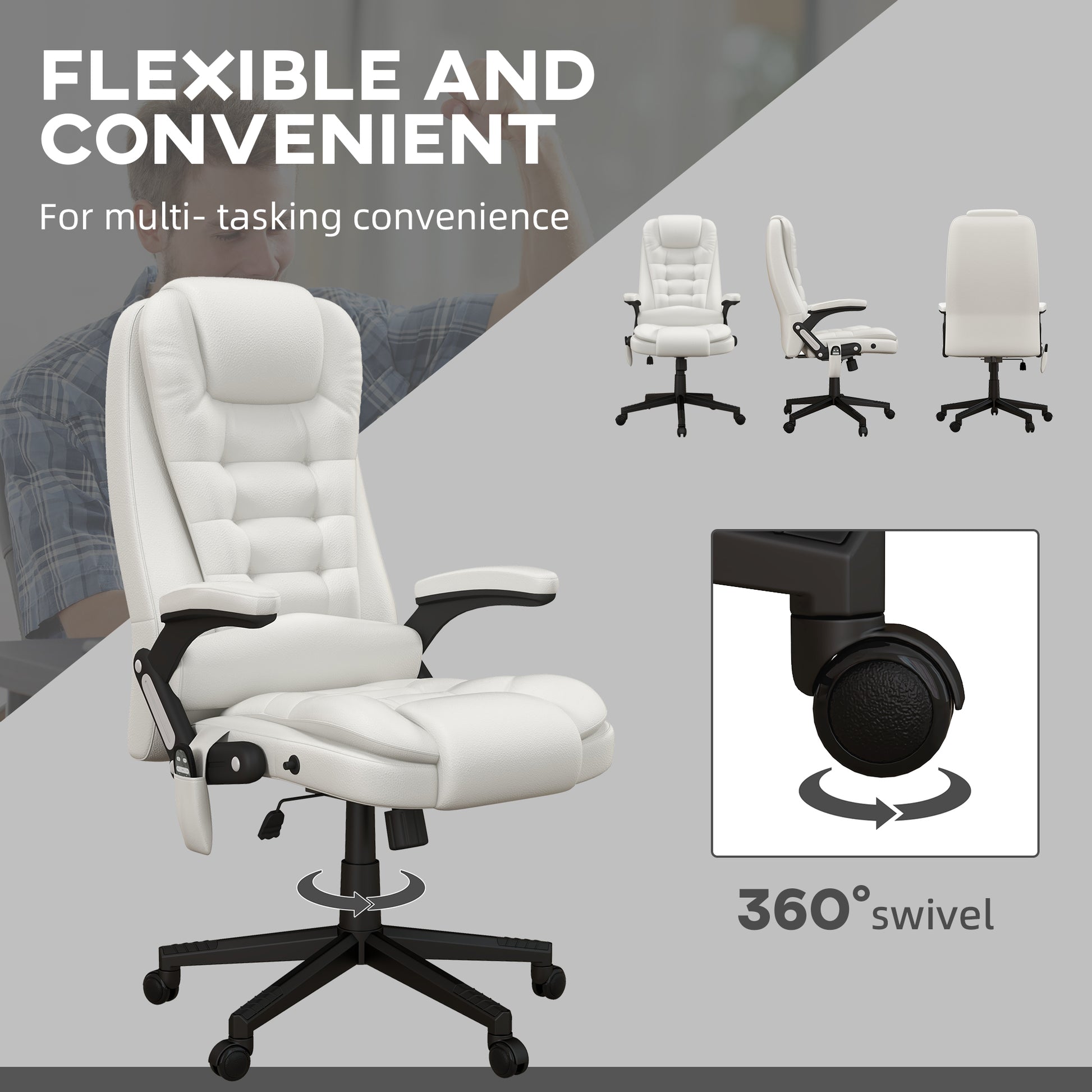 Homcom High Back Vibration Massage Office Chair With 6 Vibration Points, Heated Reclining Pu Leather Computer Chair With Armrest And Remote, White White Pu