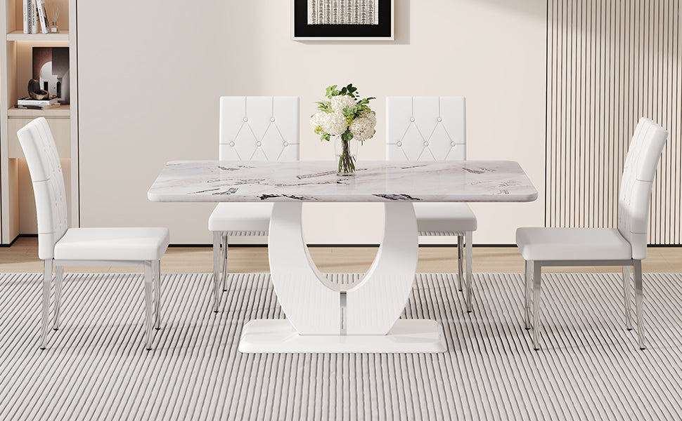 Table And Chair Set, Modern Minimalist White Marble Textured Rectangular Dining Table. Suitable For Restaurants And Living Rooms. Soft Cushion Seats.F 1280 White Mdf