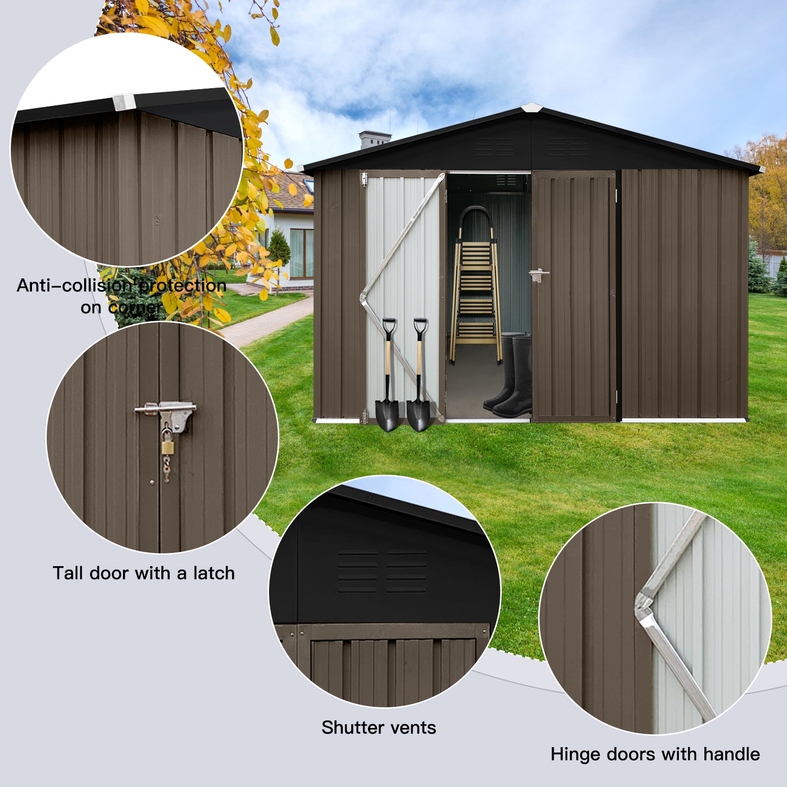 Metal Garden Sheds 10Ftx12Ft Outdoor Brown Black Black Brown Metal