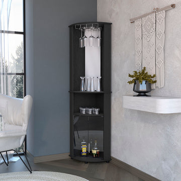 Chicago 75" H Mirrored Corner Bar Cabinet, With Glass Doors, Two Shelves And Stemware Black Black Particle Board