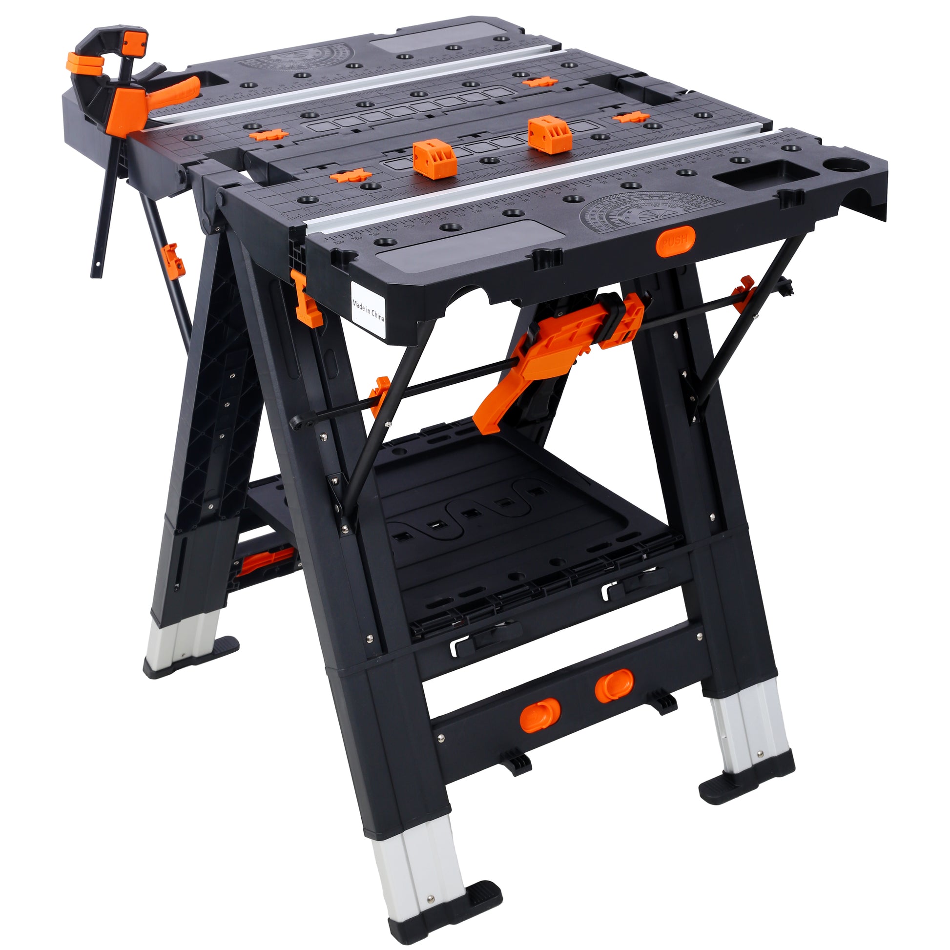 Portable Folding Work Table, 2 In 1 As Sawhorse & Workbench, Large Load Capacity With 2Pcs Clamps Black Aluminium