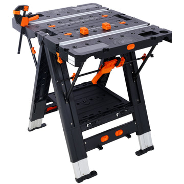 Portable Folding Work Table, 2 In 1 As Sawhorse & Workbench, Large Load Capacity With 2Pcs Clamps Black Aluminium