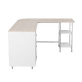 Techni Mobili L Shape Home Office Two Tone Desk With Storage, Sand Sand Computer Desk Office Modern L Shape Engineered Wood