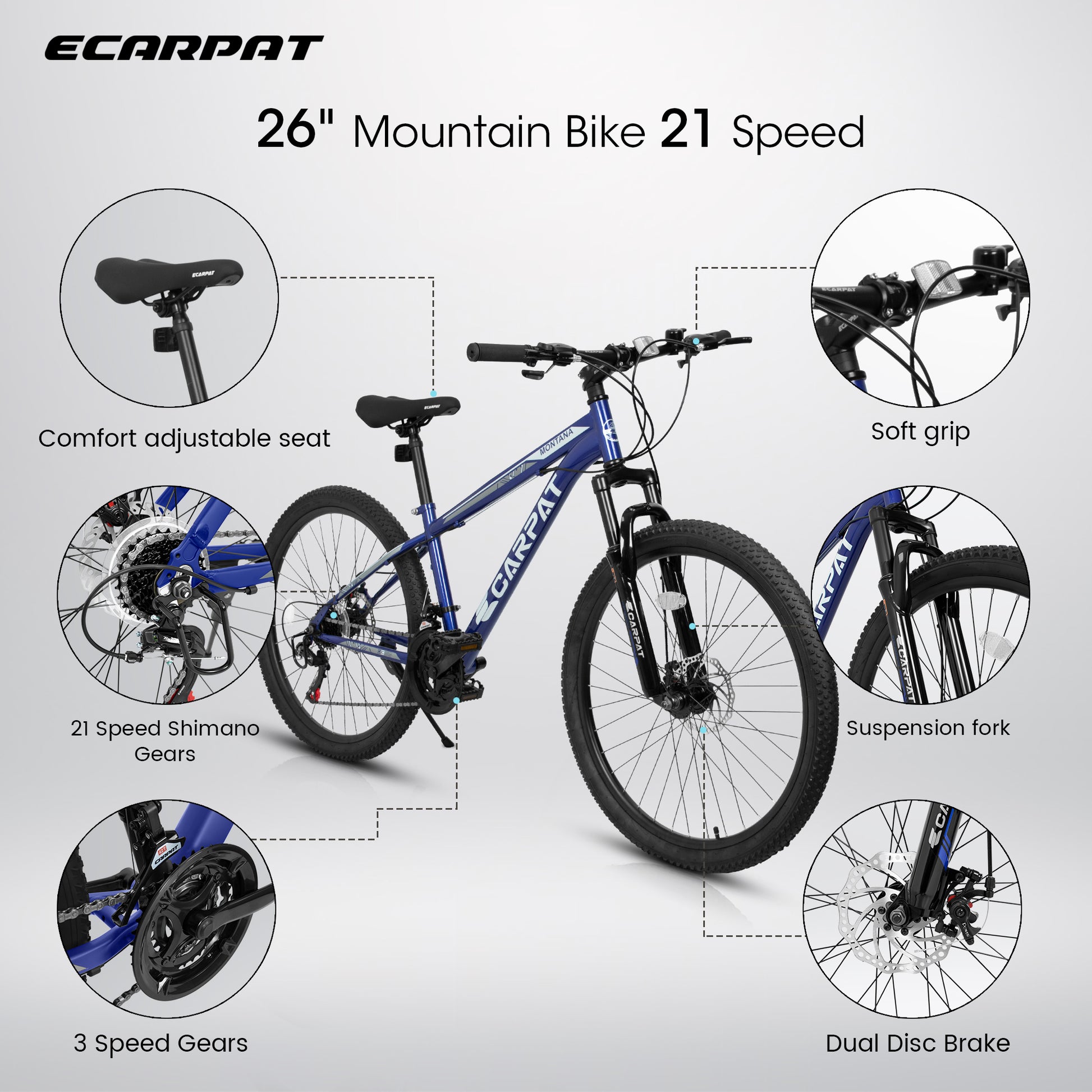 A2610 26 Inch Mountain Bike 21 Speeds, Suspension Fork, Steel Frame Disc Brake For Men Women Mens Bicycle Blue Steel