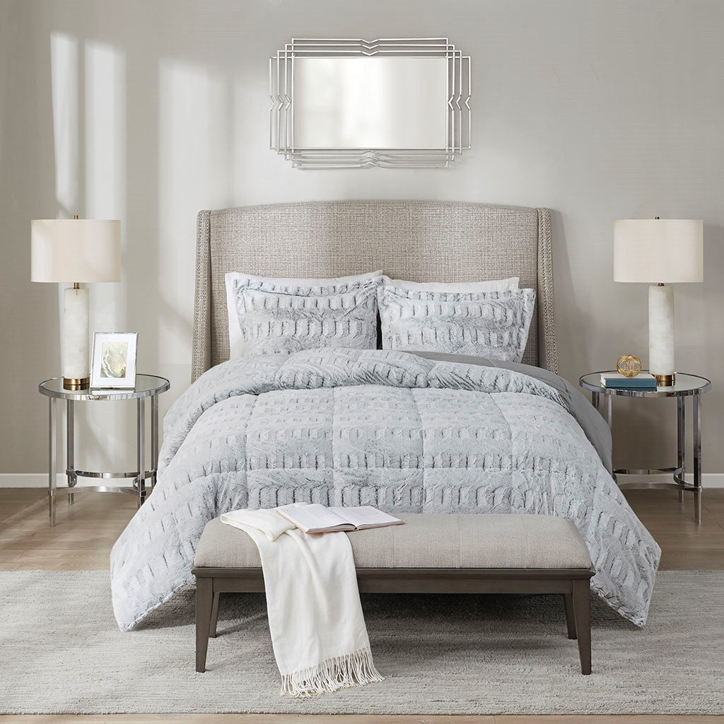 Back Print Long Fur Comforter Mini Set King Grey Polyester