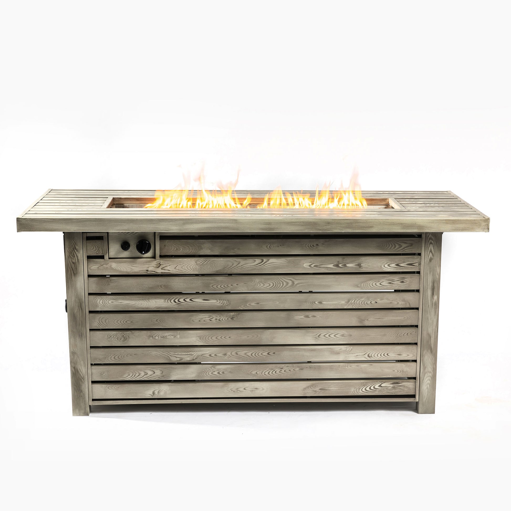 54Inch Outdoor Fire Table Steel Fire Pit Table With Wood Grain Surface Light Beige Steel