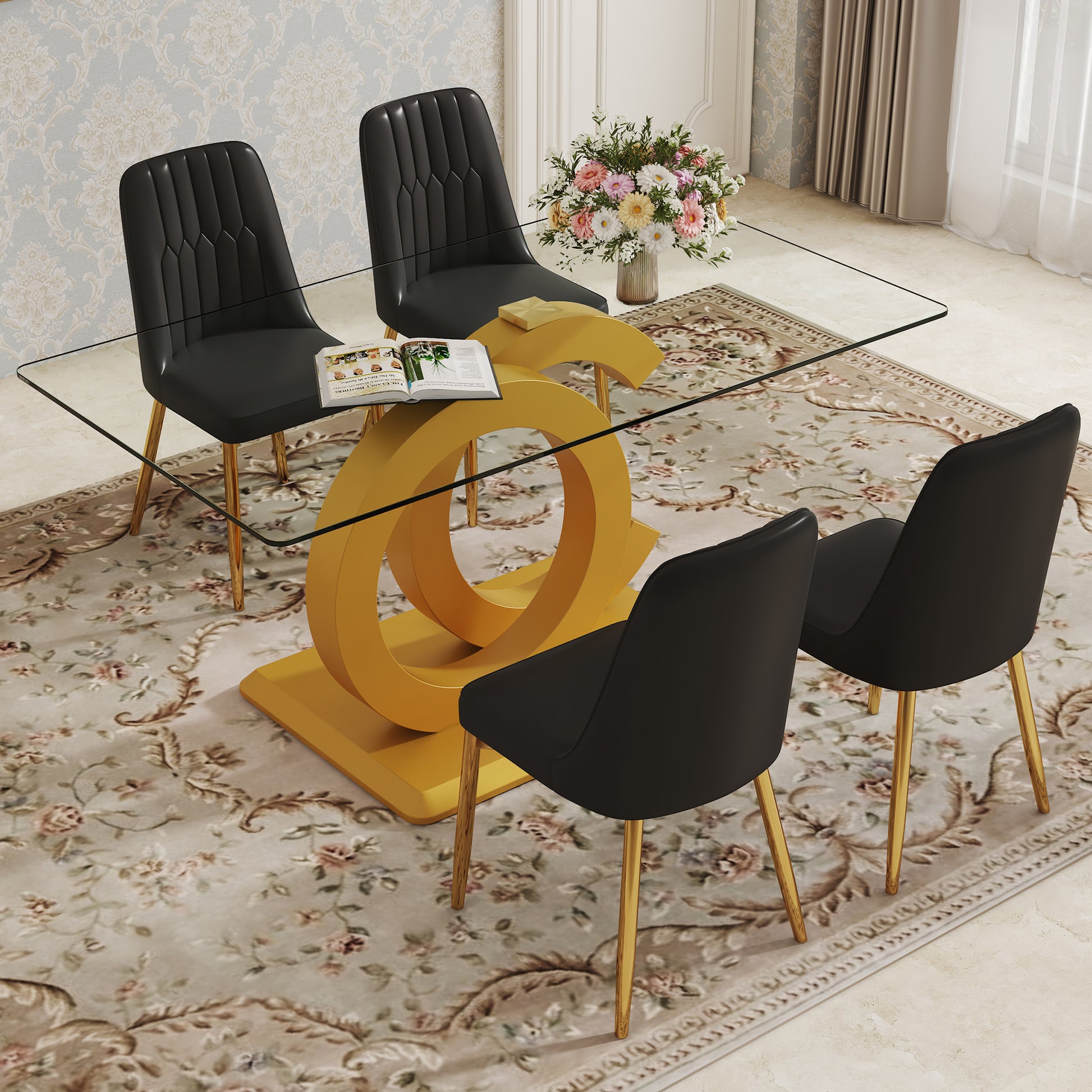 Table And Chair Set.63"W X 35.4"D X 30"H Clear Tempered Glass Desk And Chair Set With 4 Black Pu Chairs With Gold Metal Legs.Bring A Comfortable Home Experience To The Kitchen, Bedroom, And Office.