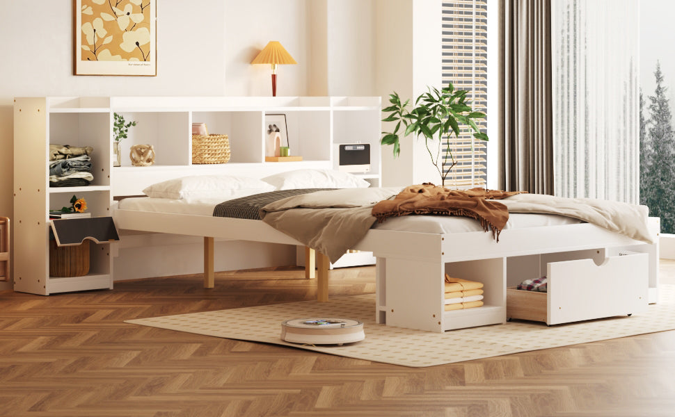 Queen Size Wood Platform Bed With Multi Storage Headboard And A Drawer, White Box Spring Not Required Queen White Wood Bedroom Bed Frame Solid Wood Mdf