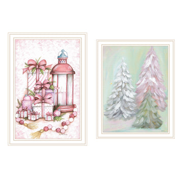 2 Piece Vignette Pink Candy Land Christmas Trees White Framed Wall Art For Living Room, Bedroom Wall Art Print For Home Decor By Mary June Multi Wood Paper