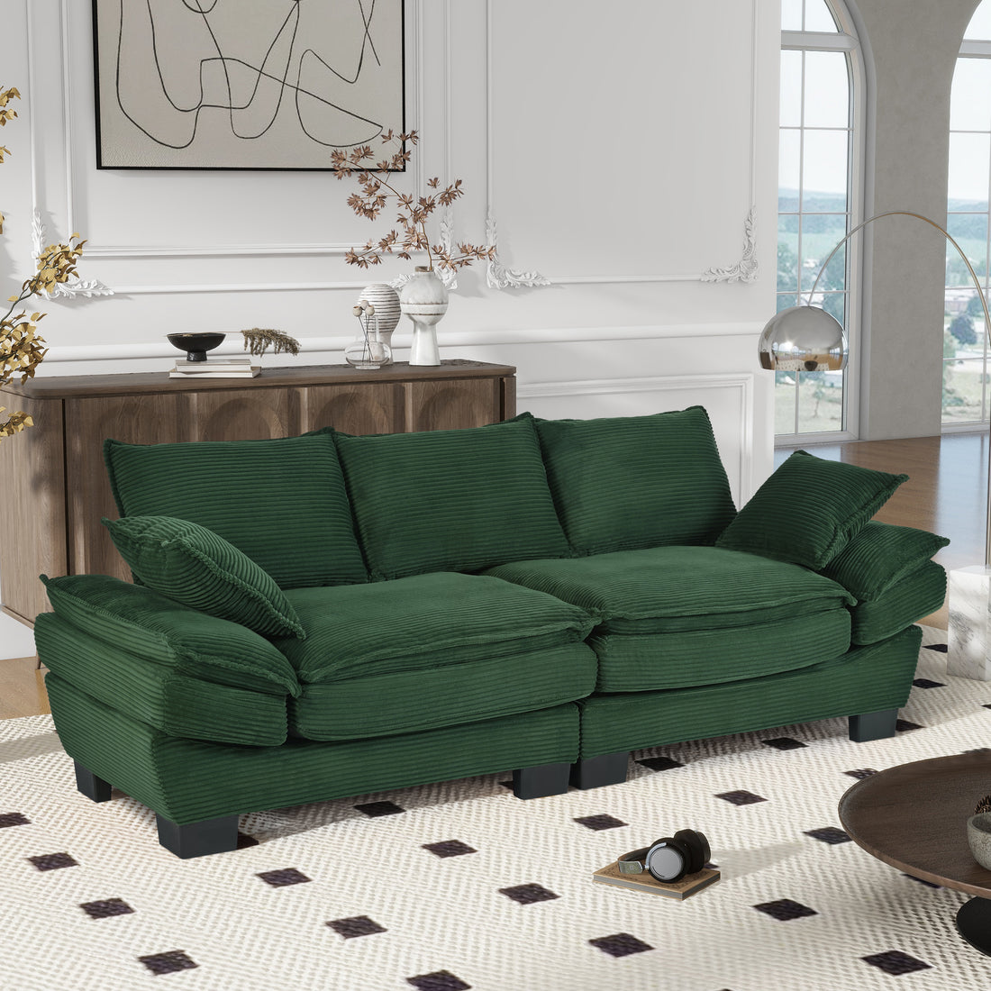 85.4" Modern Curved Sofa, Back Upholstered Couch With 2 Decorative Throw Pillows, Corduroy Fabric Couch For Living Room, Bedroomapartment Dark Green Corduroy 2 Seat