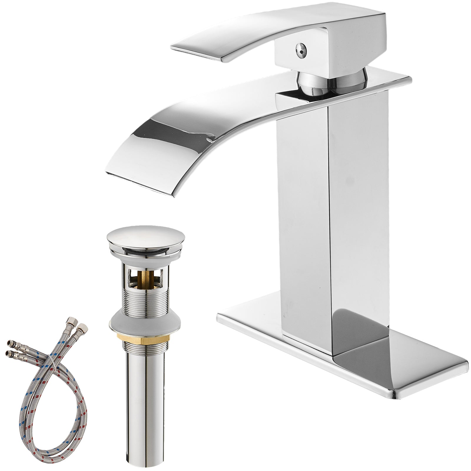 Polished Chrome Waterfall Single Handle Low Arc Bathroom Faucet With Drain Chrome Brass