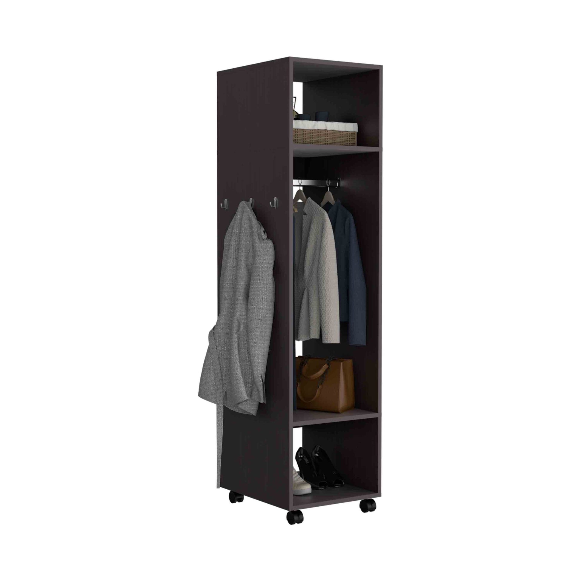 Cluster 63" Tall Wardrove With Mirror, Three Shelves, Casters And Hanging Rod, Armoire, Bedroom Clothes Storage, Cabinet Organizer Black Particle Board