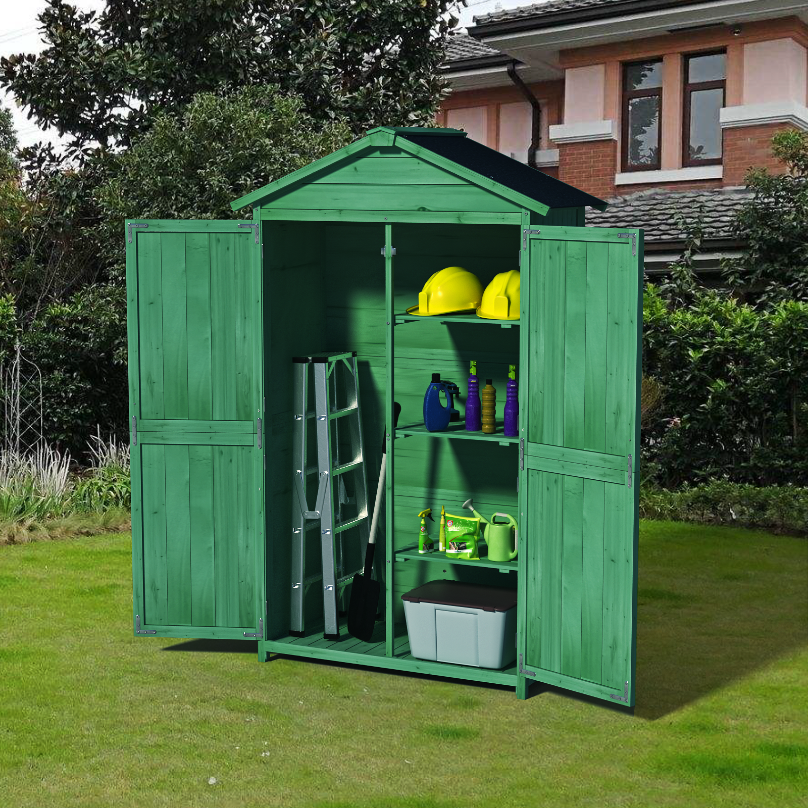 Outdoor 35.6"X 18.1"X 66.15" L Wood Storage Shed, Garden Tool Cabinet With Waterproof Asphalt Roof, Double Doors, Multiple Tier Shelves,Forest Green Green Dark Green Metal & Wood