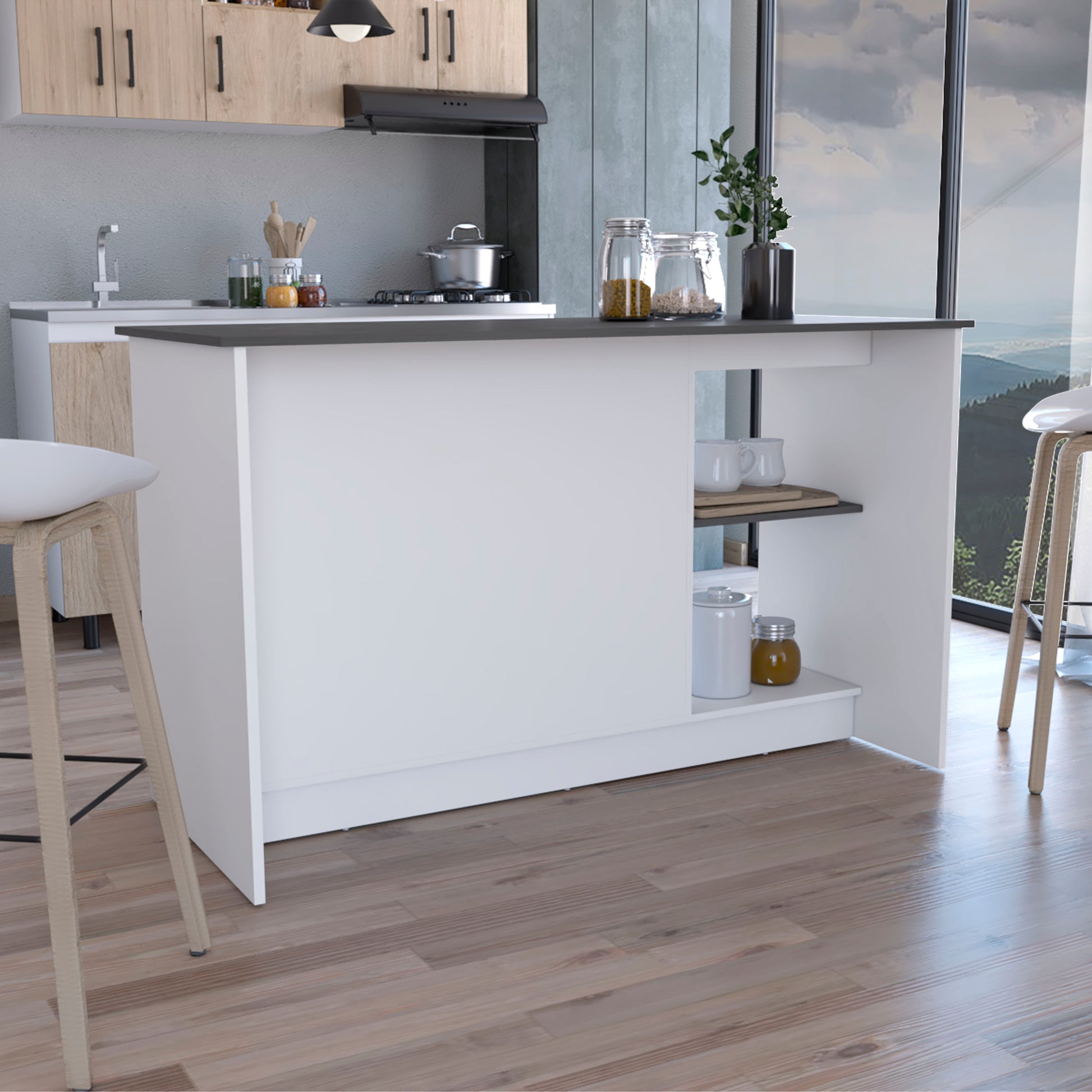 Juniper Kitchen Island With Large Top Surface, Double Door Cabinet, And Open Shelves White Onyx White Dining Room Modern Rectangular Stationary Kitchen Islands Particle Board Medium 40 55In