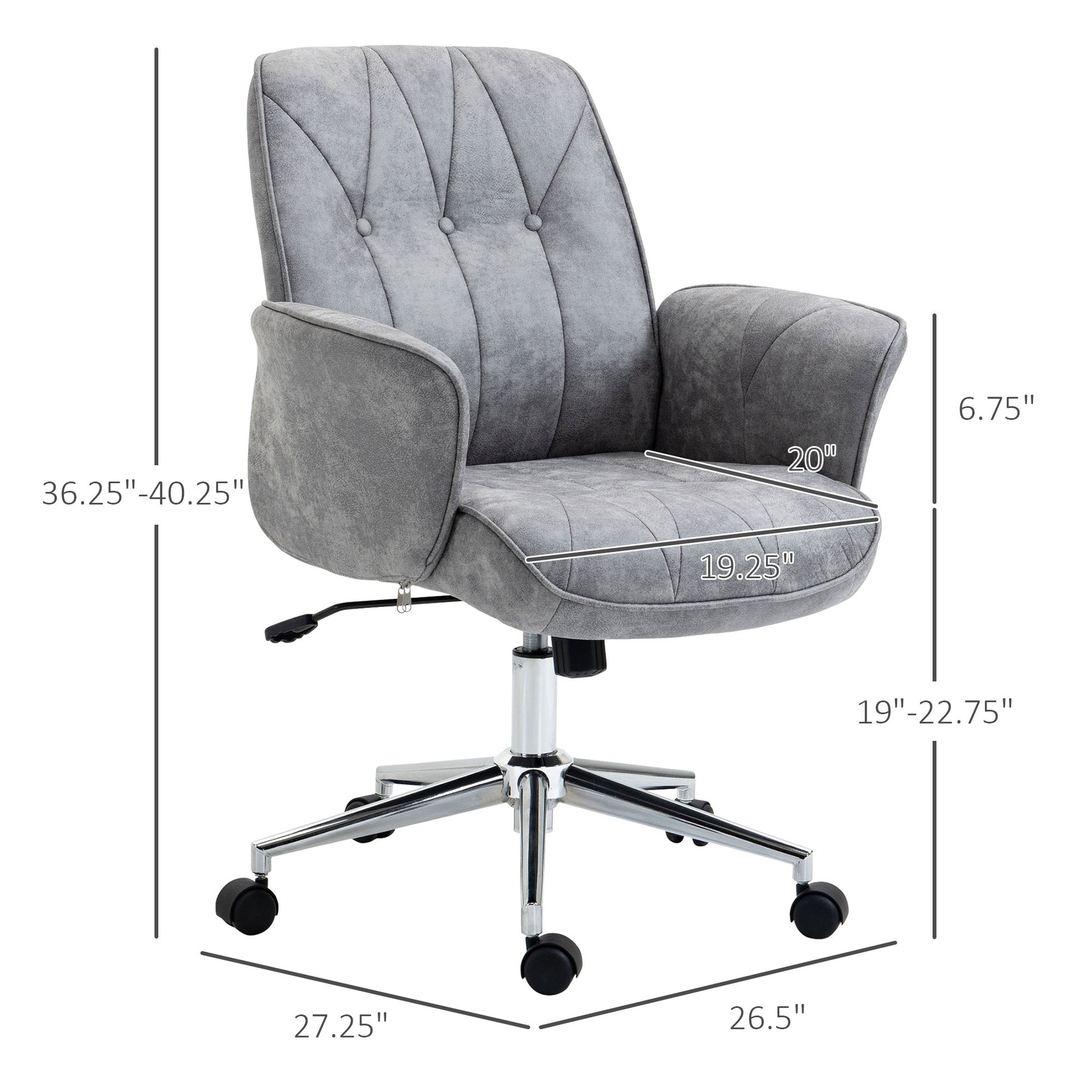 Vinsetto Microfiber Home Office Chair, Height Adjustable Button Tufted Computer Desk Chair With Swivel Wheels, Tilt Function And Padded Armrests, Light Gray Light Grey Steel