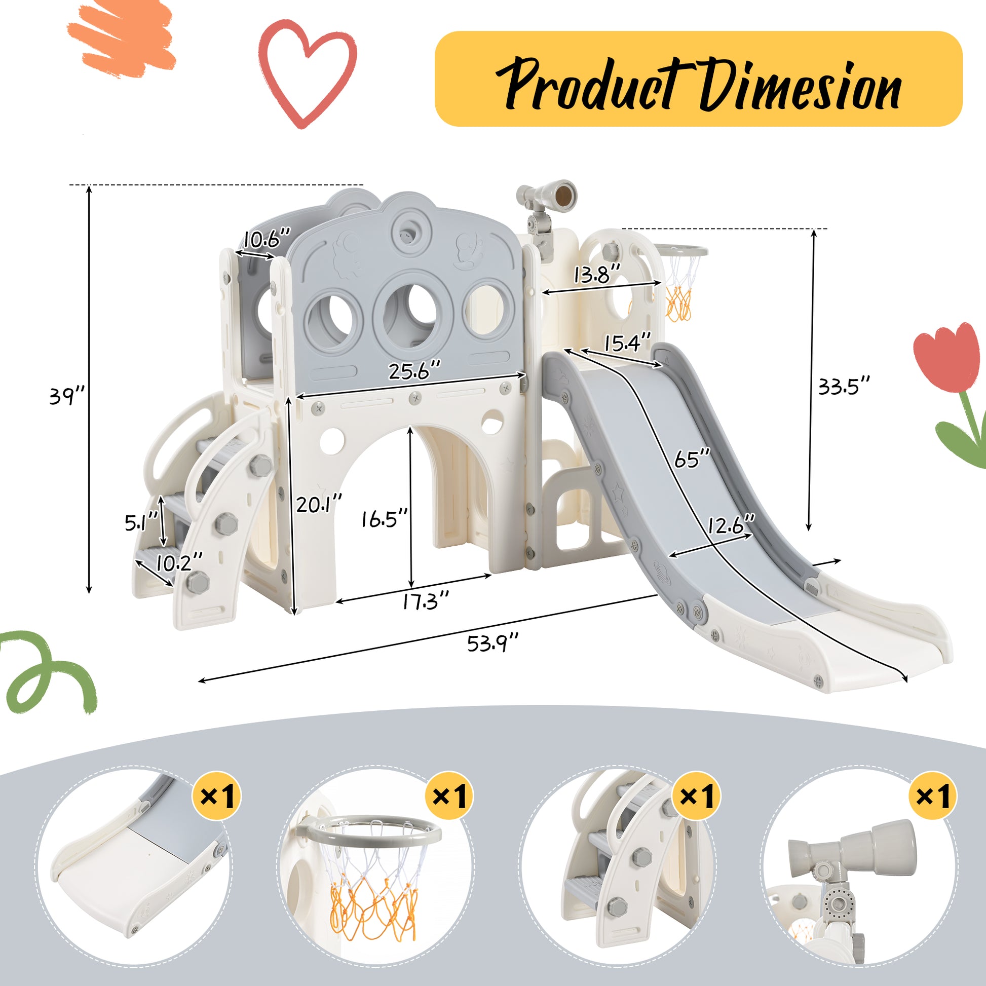 7 In 1 Toddler Slide Set, Freestanding Space Set With Slide, Kids Slide Playset Structure, Arch Tunnel And Basketball Hoop, Toy Storage Organizer For Toddlers, Kids Climbers Playground Grey White 50 99 Lbs Cute 1 To 2 Years Hdpe Indoor & Outdoor Use