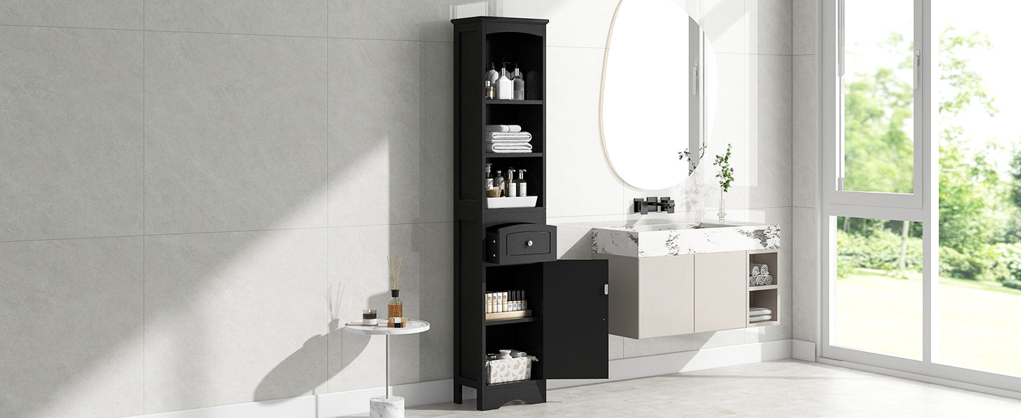 Tall Bathroom Cabinet, Freestanding Storage Cabinet With Drawer, Mdf Board, Adjustable Shelf, Black Black Mdf