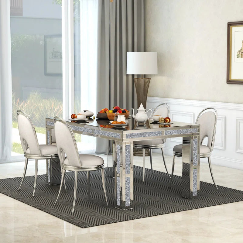 51.18" Mirrored Glass Dining Table With 4 Legs And Crushed Diamond Inlay Silver Seats 6 Mirrored Finish Desk And Hutch Primary Living Space Modern Freestanding Rectangular Kitchen & Dining Tables