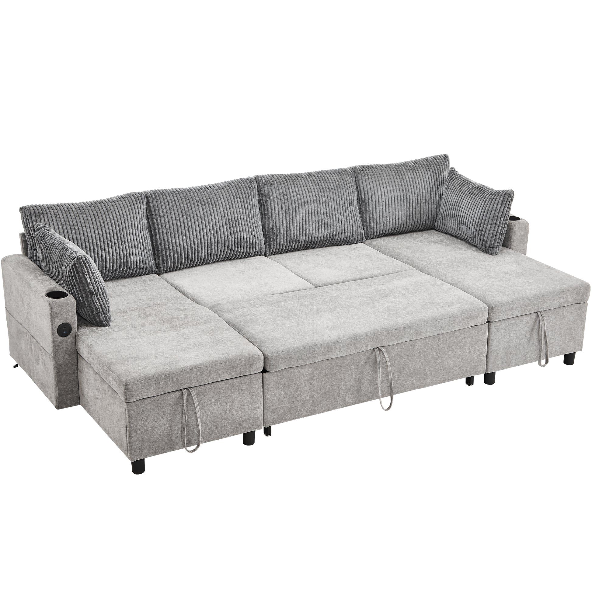 111.8" Sectional Sofa Pull Out Sofa Bed Versatile Sofa Sleeper With Large Storage Space, Two Usb Ports And Two Cup Holders For Living Room, Grey Grey Foam Chenille 4 Seat