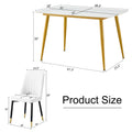 Table And Chair Set.A Morden Table With White Imitation Marble Patterned Stone Burning Tabletop With Golden Metal Legs.Paried With 4 Chairs With Pu Leather Backrest And Black Metal Legs. Black,White Gold Seats 4 Metal,Sintered Stone