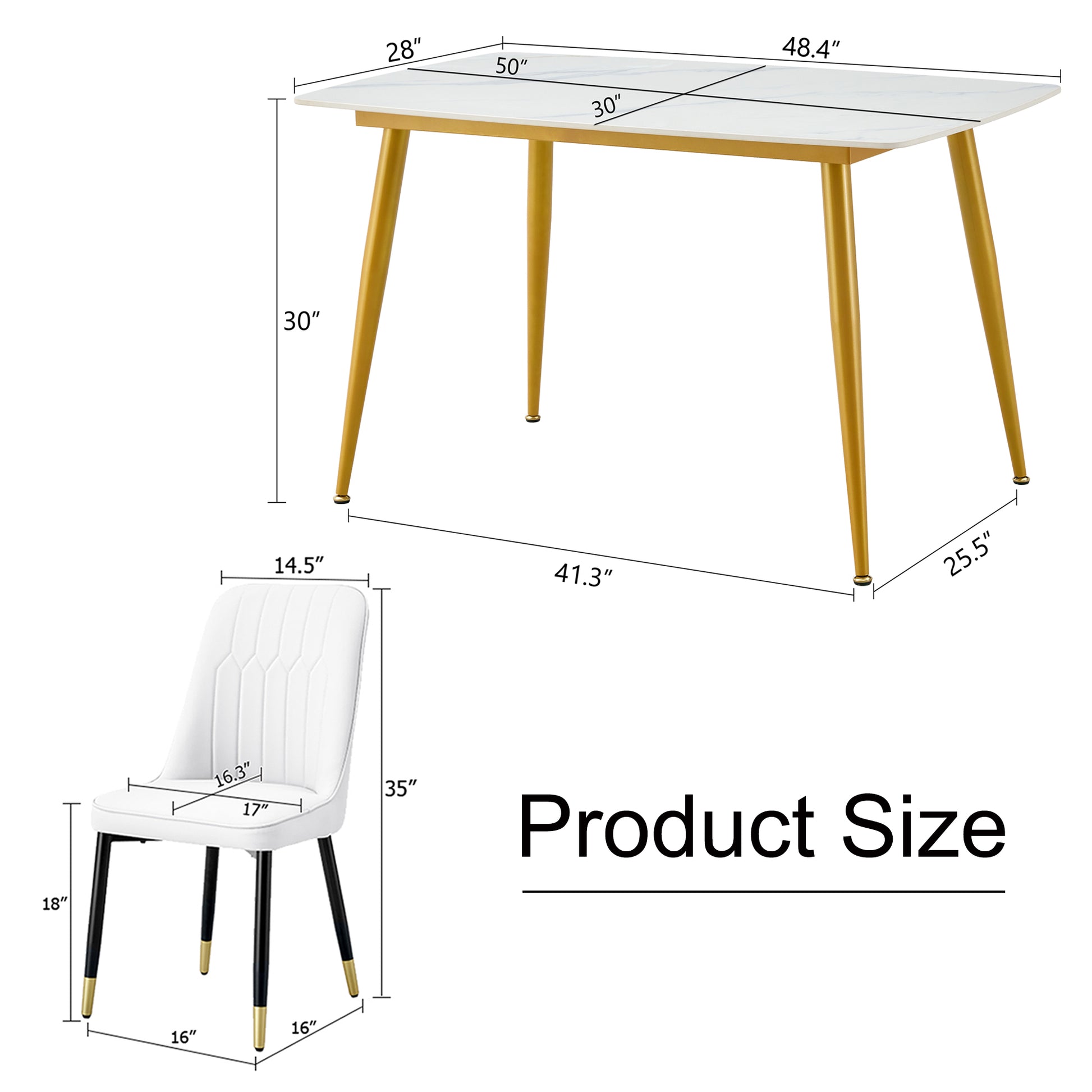 Table And Chair Set.A Morden Table With White Imitation Marble Patterned Stone Burning Tabletop With Golden Metal Legs.Paried With 4 Chairs With Pu Leather Backrest And Black Metal Legs. Black,White Gold Seats 4 Metal,Sintered Stone