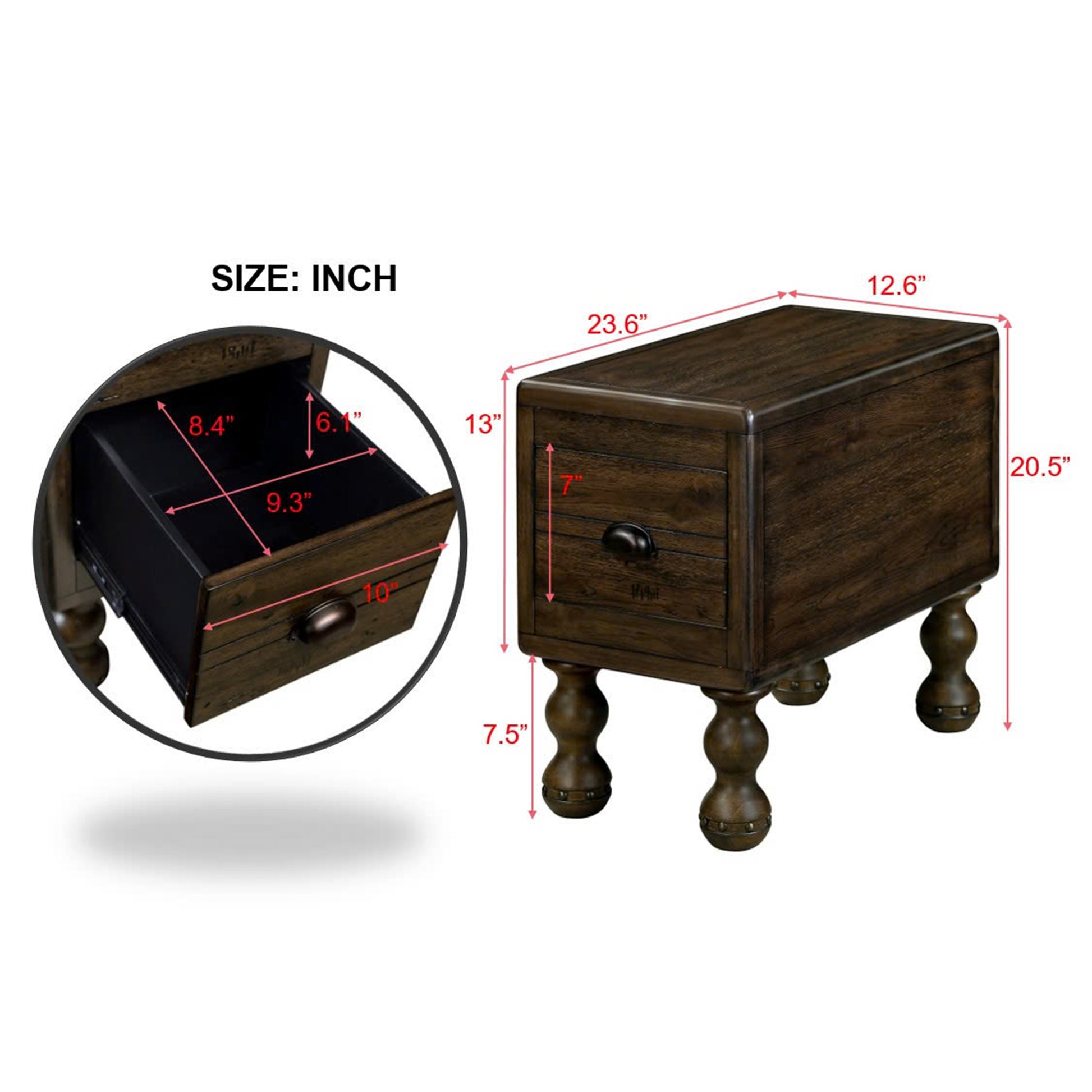 Solid Wood End Table, Rectangle 23.6 Inch Narrow Side Table With Drawer, Vintage Bedside Table Nightstand For Small Spaces, Living Room, Bedroom, Easy Assembly, Espresso Espresso Pine