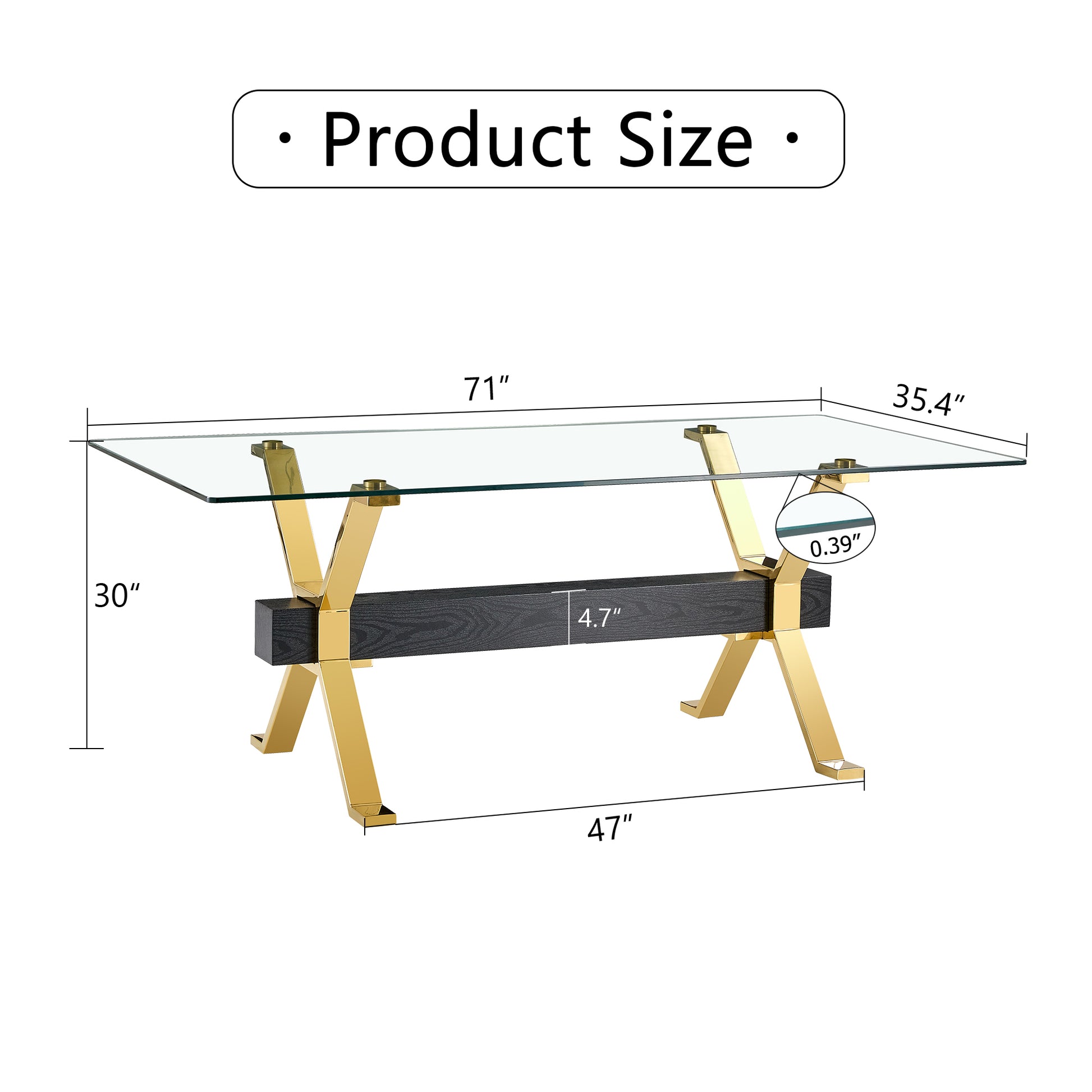 Dining Table. Modern Tempered Glass Dining Table. Large Modern Office Desk With Gold Metal Legs And Mdf Crossbars, Suitable For Home And Office Use. Kitchen .71 ''X35.4''X30 '' 1105 Transparent Glass