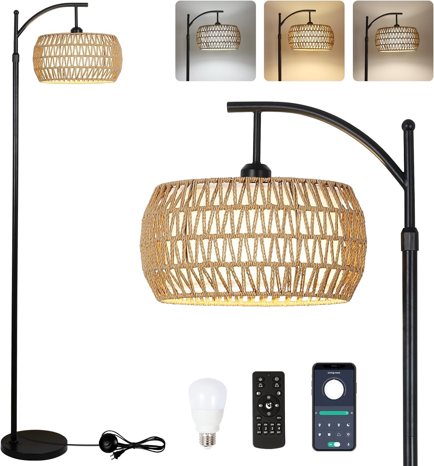 Arc Floor Lamp With Remote Control, Dimmable Led Floor Lamp With 3 Color Temperature, Black Standing Lamp With Rattan & Fabric Double Drum Shade, Boho Farmhouse Tall Pole Lamp For Living Room Bedroom Brown Black Rattan Metal