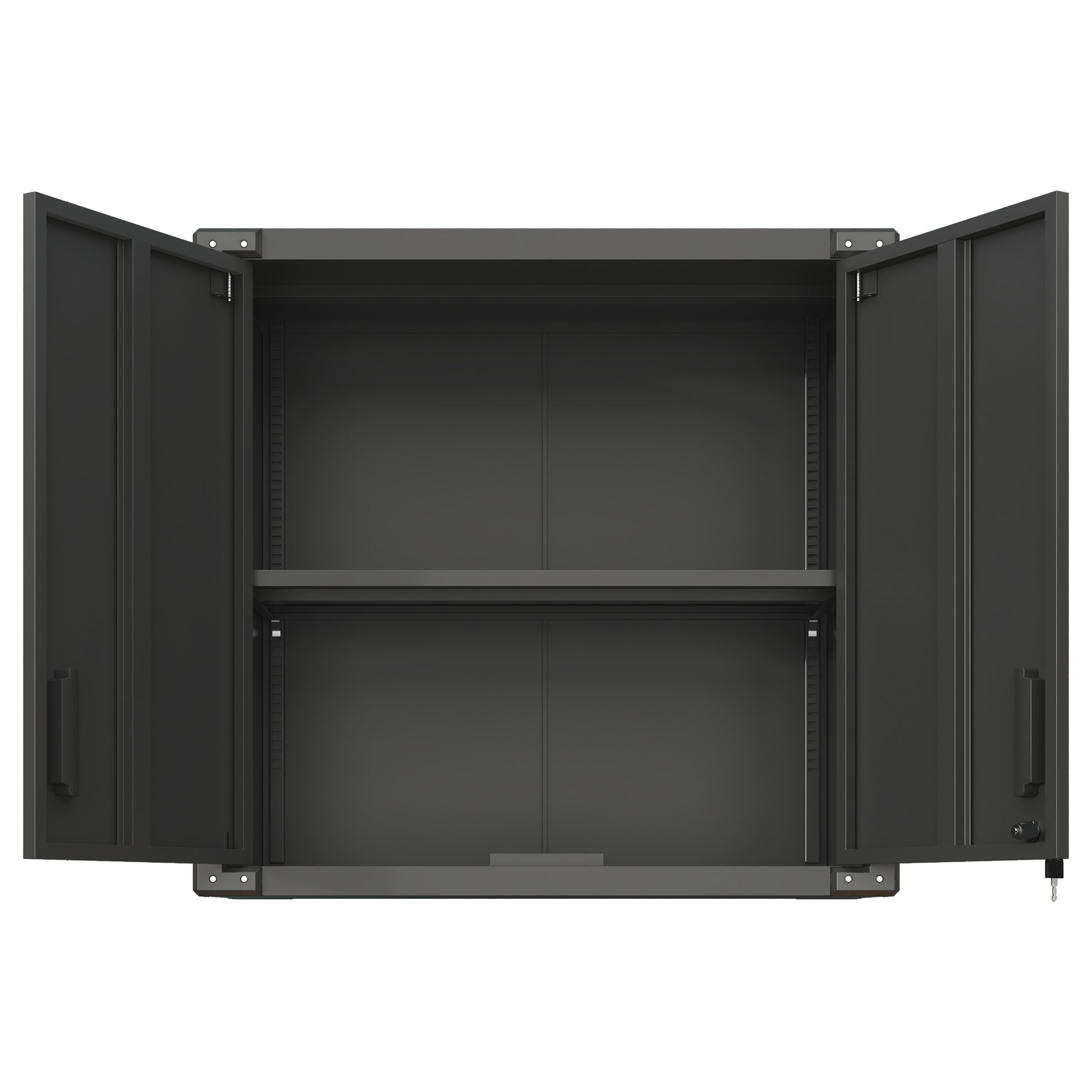 Metal Wall Mounted Tool Storage Cabinet With 2 Locking Door 1 Adjustable Shelf 1 Opened Drawer For Garage Warehouse,Office,Assembly Required Black Modern Metal