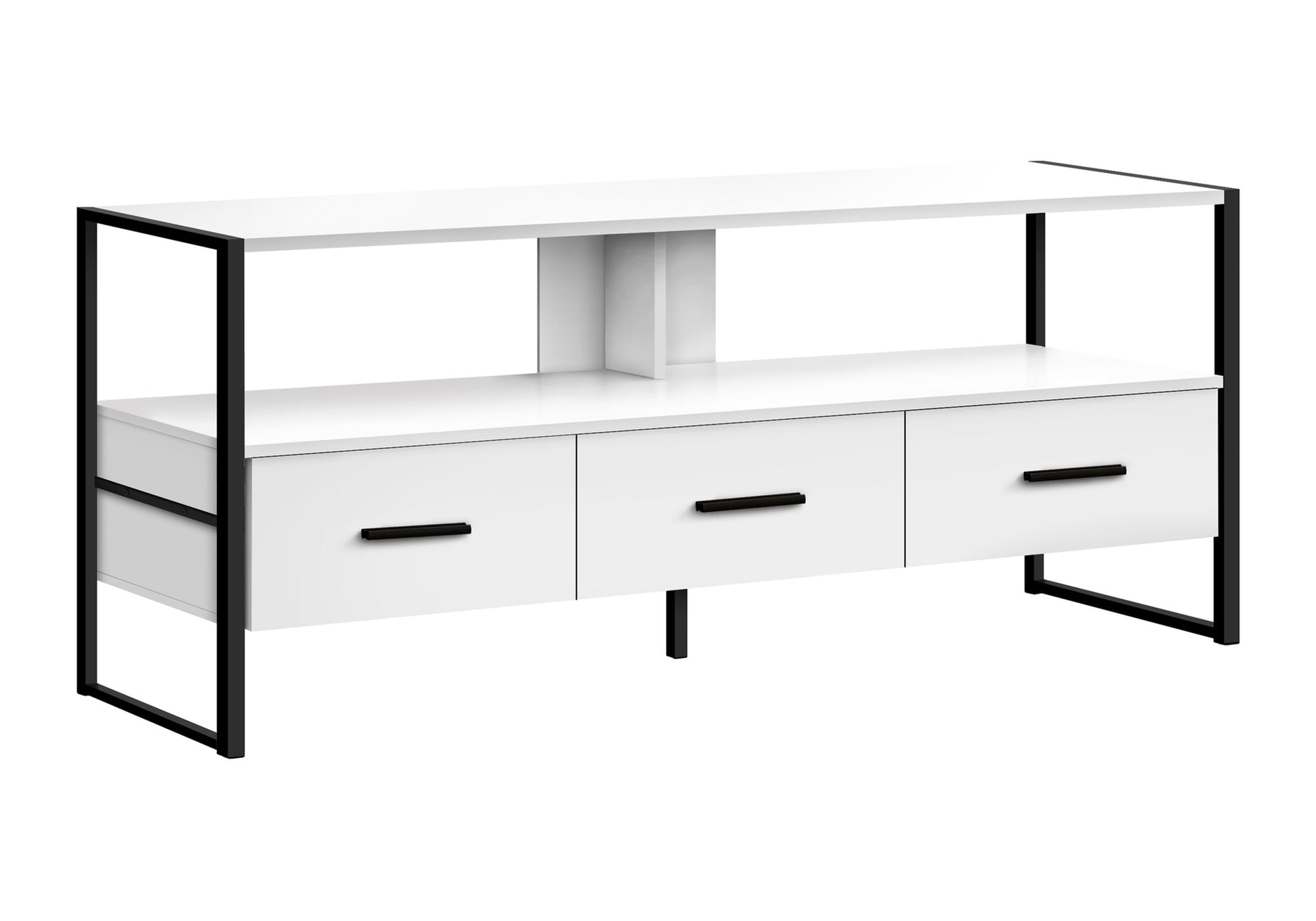 Tv Stand, 48 Inch, Console, Media Entertainment Center, Storage Drawers, Living Room, Bedroom, White Laminate, Black Metal, Contemporary, Modern White 80 89 Inches Particle Board