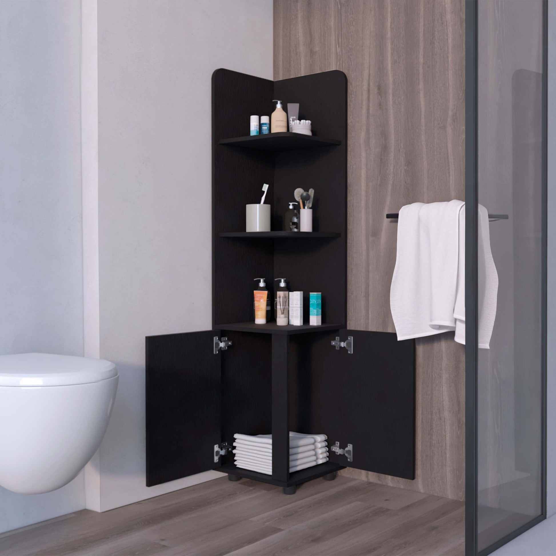 Black 2 Door Cabinet With 3 Corner Shelves Black 3 Bathroom Freestanding Melamine